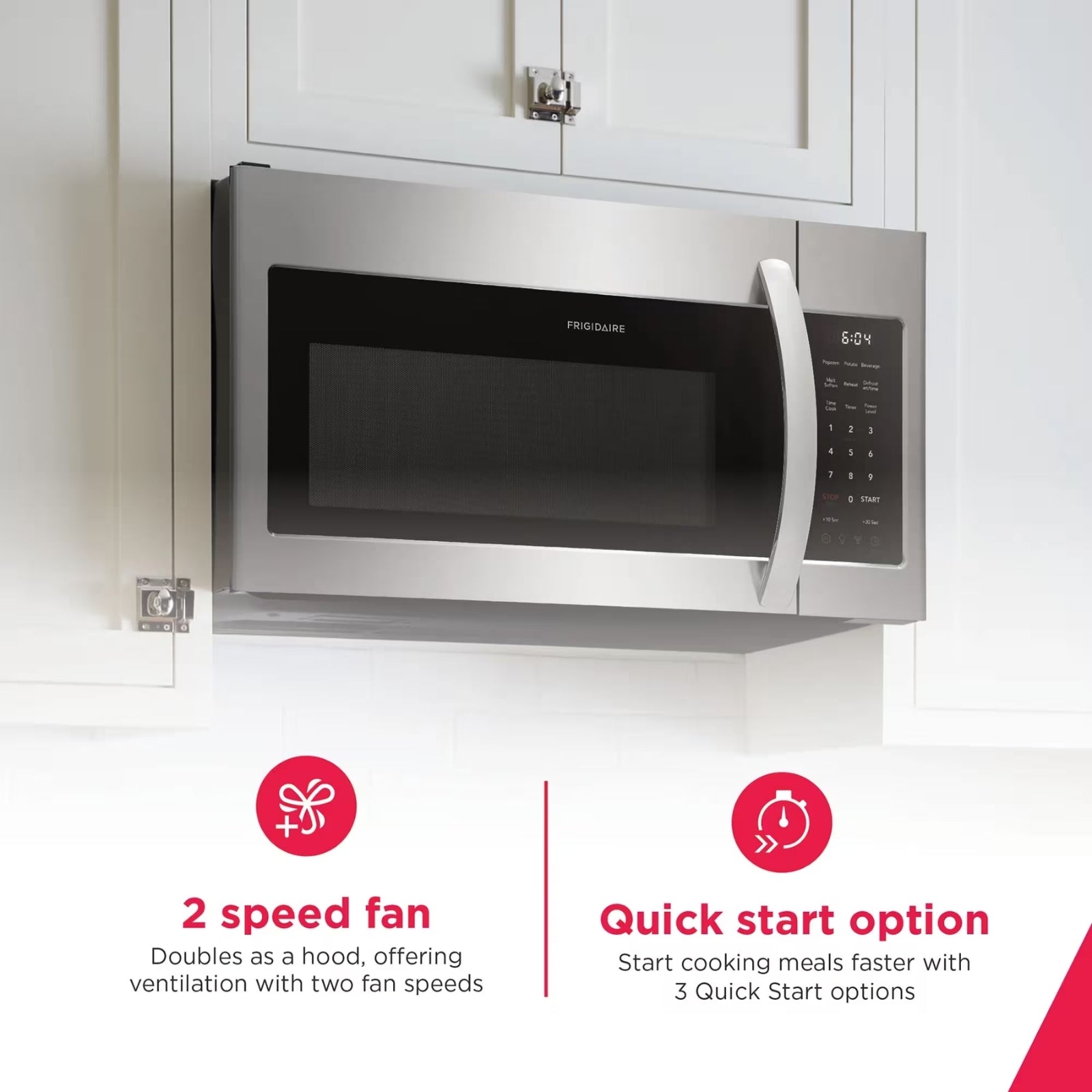 White Frigidaire FMOS1846BW over-the-range microwave with digital control panel and spacious 1.8 cu. ft. interior.