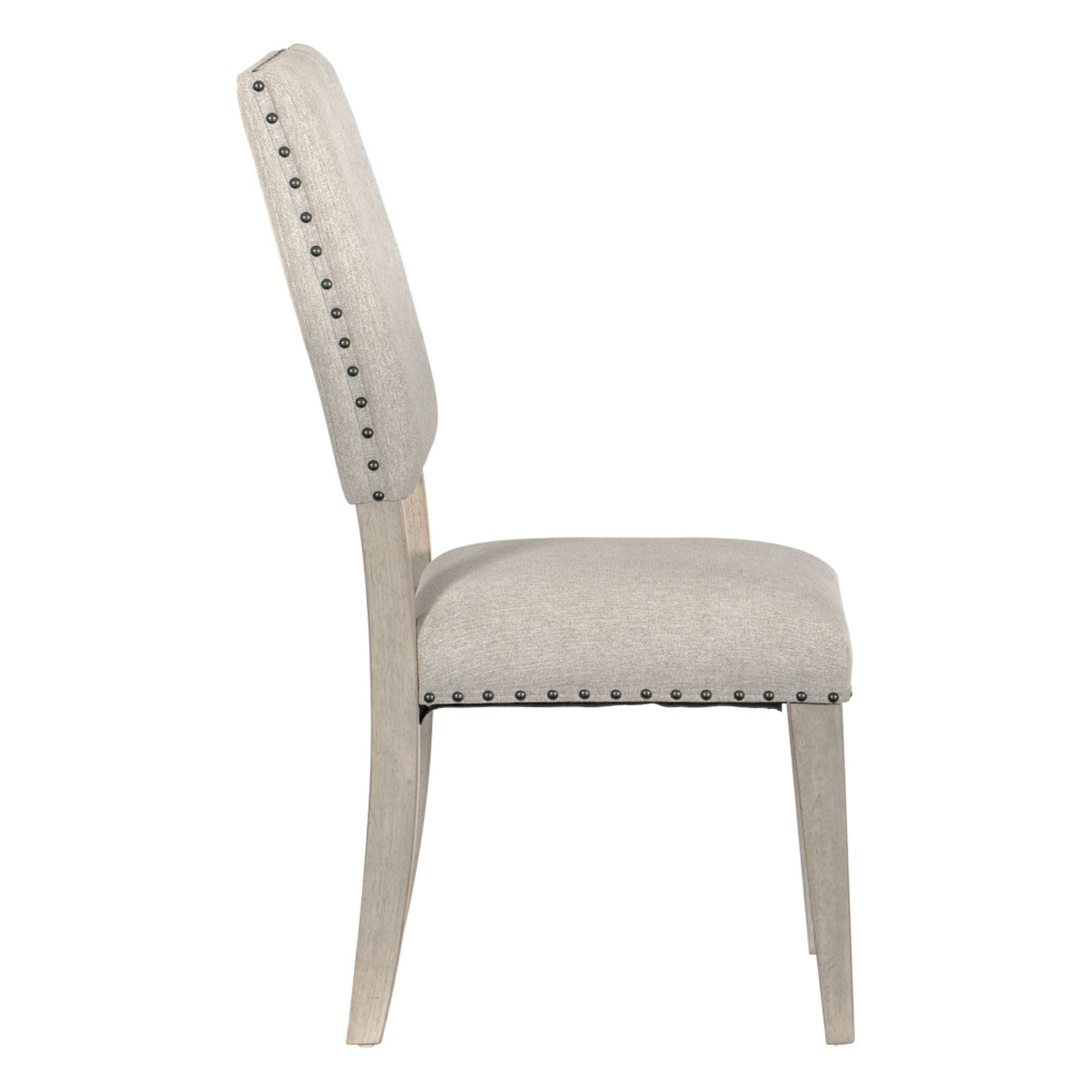 Light grey MAZ Fallon Collection dining chair with modern design and sleek wooden legs, shown from a side angle.