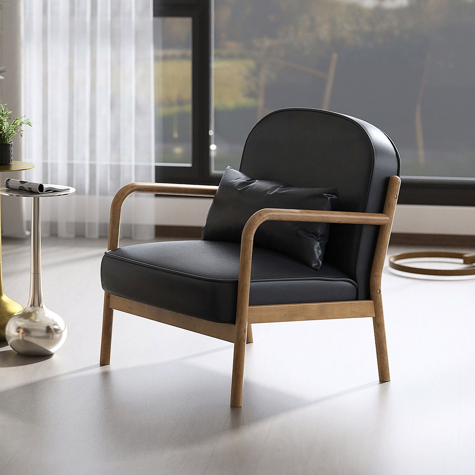 Fani Accent Chair, Faux Leather in Black PU and Walnut
