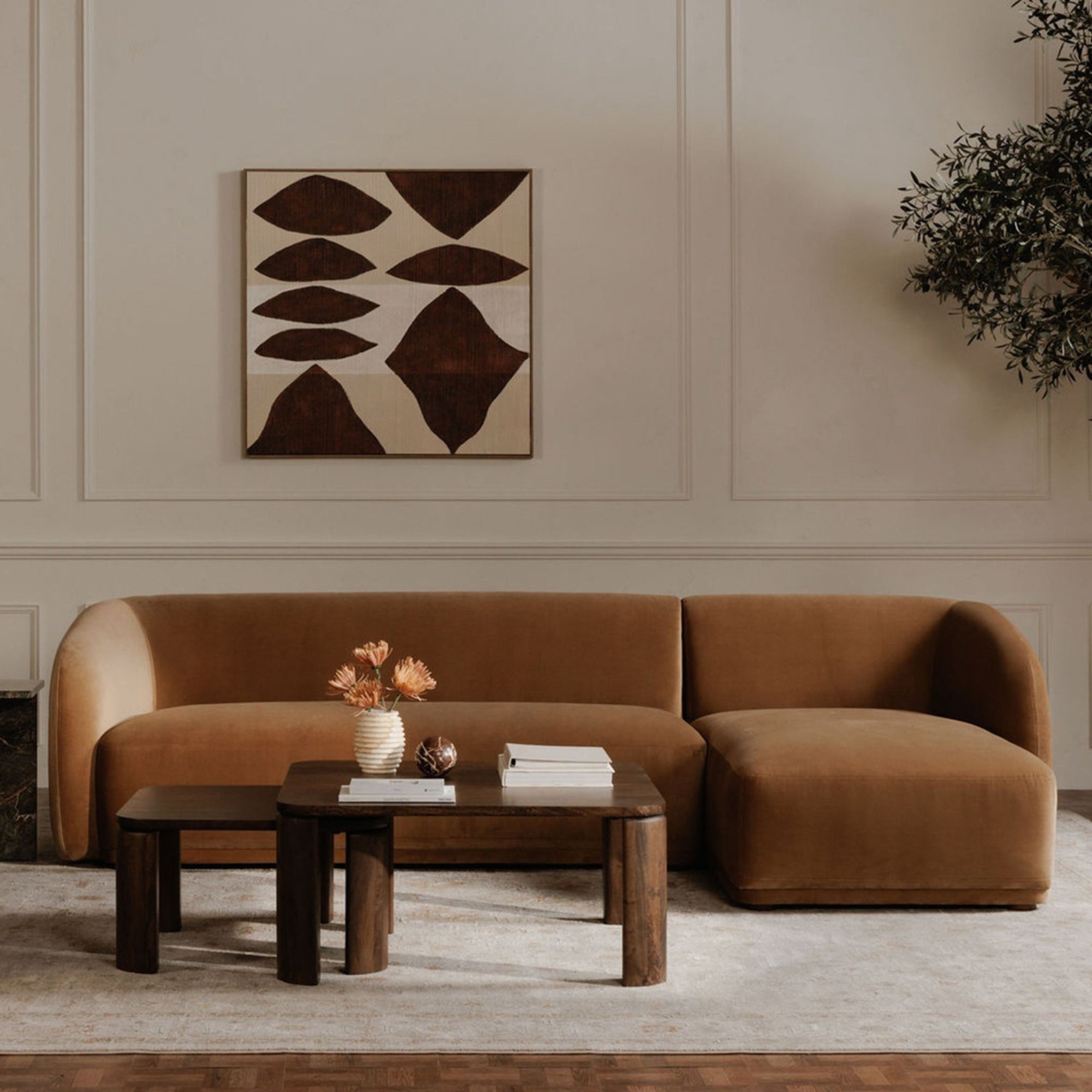 Faye Sectional Tan Faux Mohair