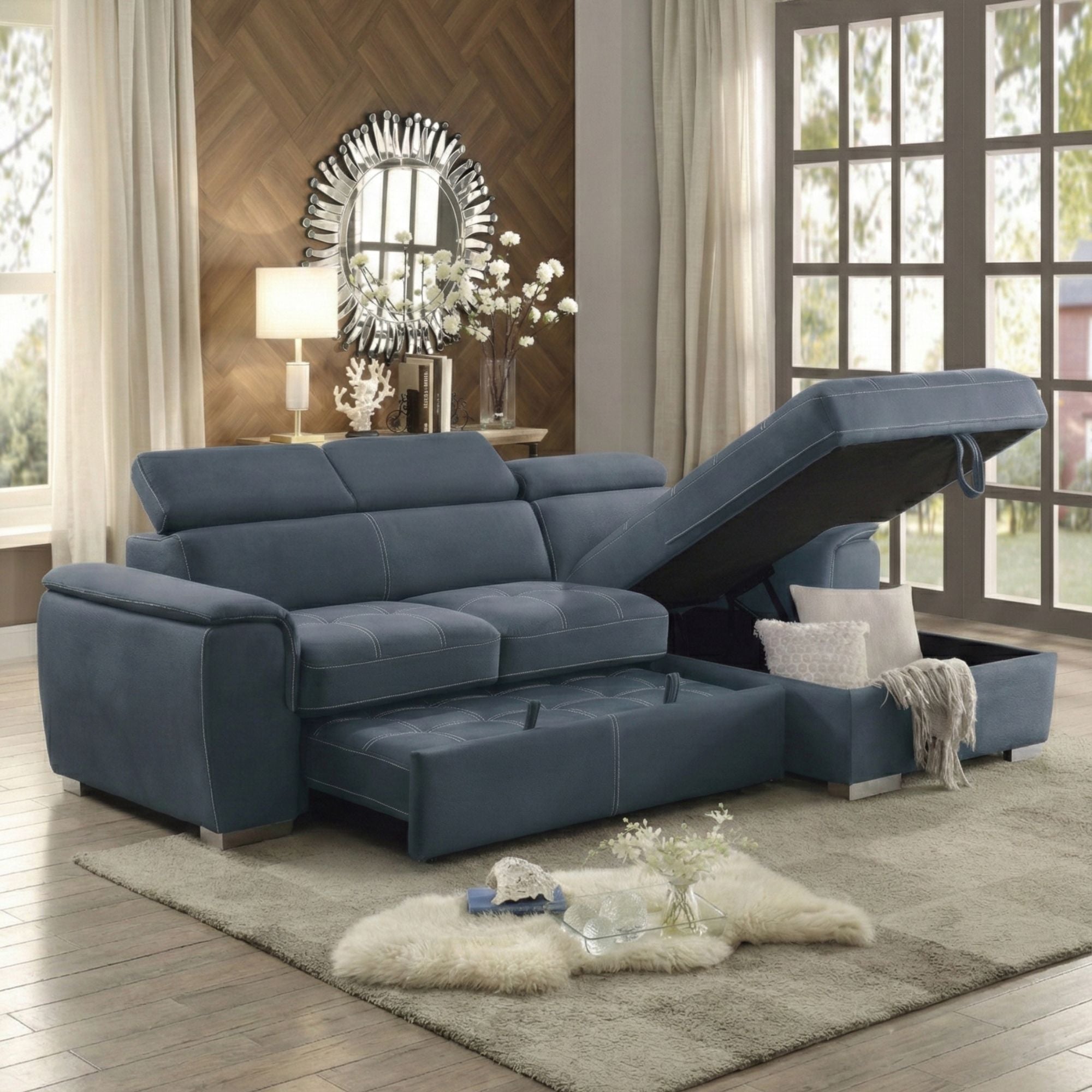 MAZ Ferriday RHF 2-piece sectional sleeper in vibrant blue fabric, featuring plush cushions and modern design.