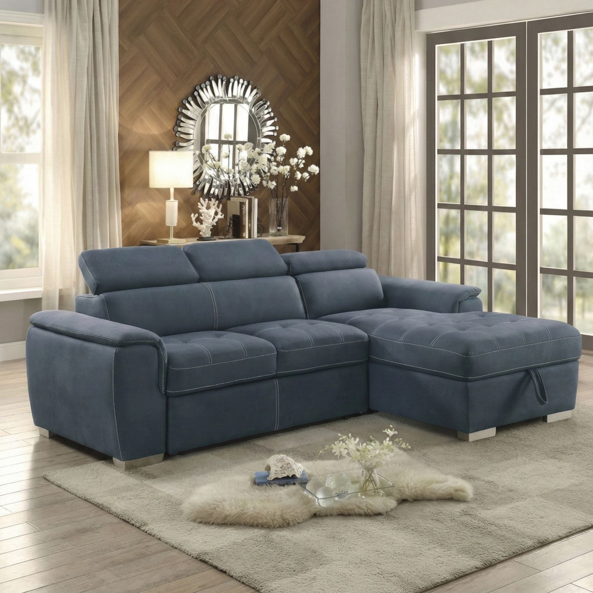 Blue Ferriday RHF 2-piece sectional sleeper sofa by MAZ, featuring plush cushions and a convertible design for seating and sleeping.