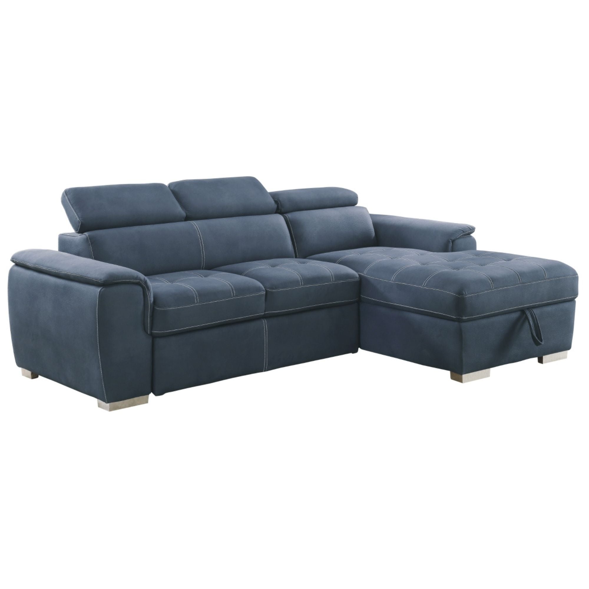 Blue Ferriday RHF 2-piece sectional sleeper sofa by MAZ, showing the modern sectional with fold-out bed in a living room setting
