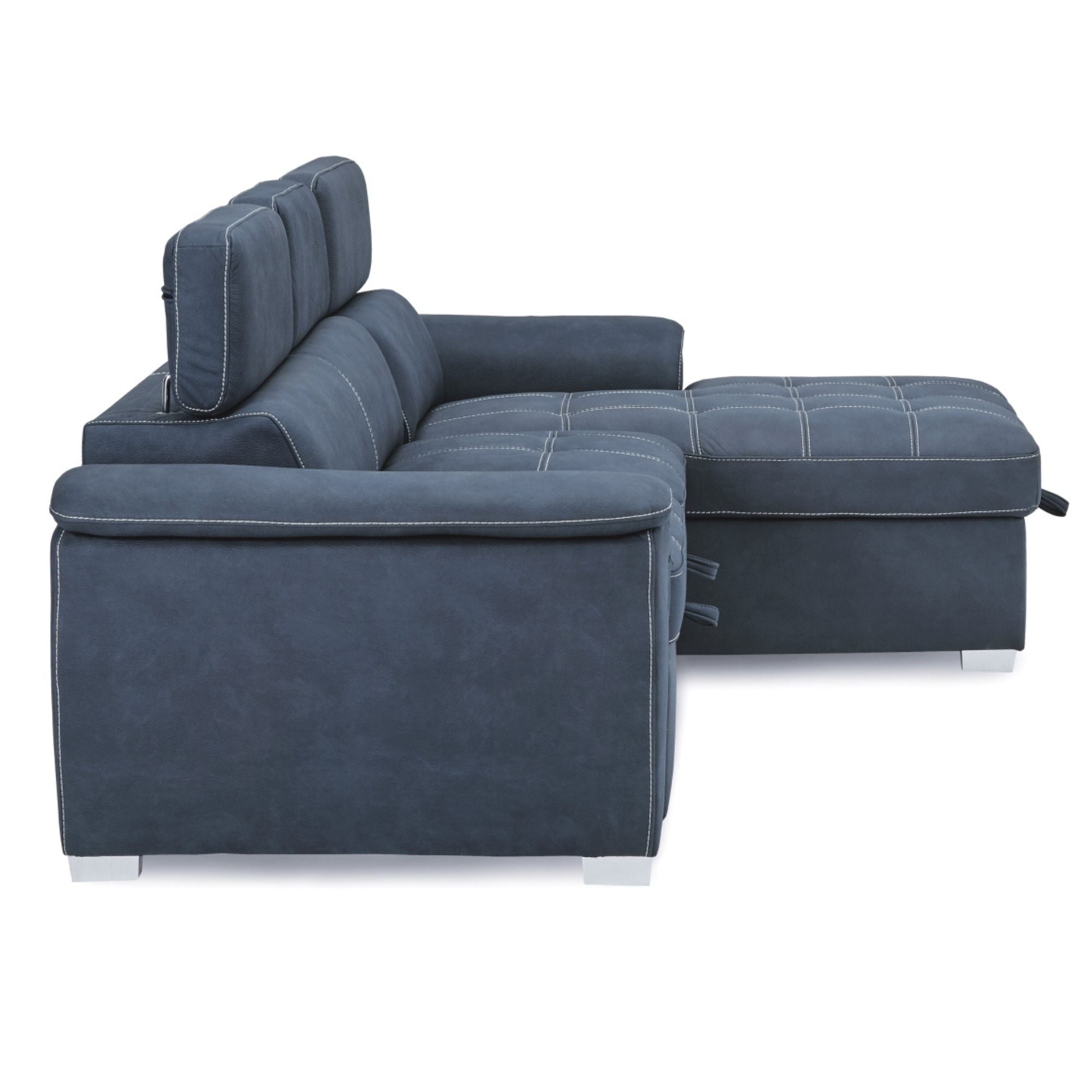 MAZ Ferriday RHF 2-piece sectional sleeper in vibrant blue fabric, showing the sofa with a fold-out bed and modern design.