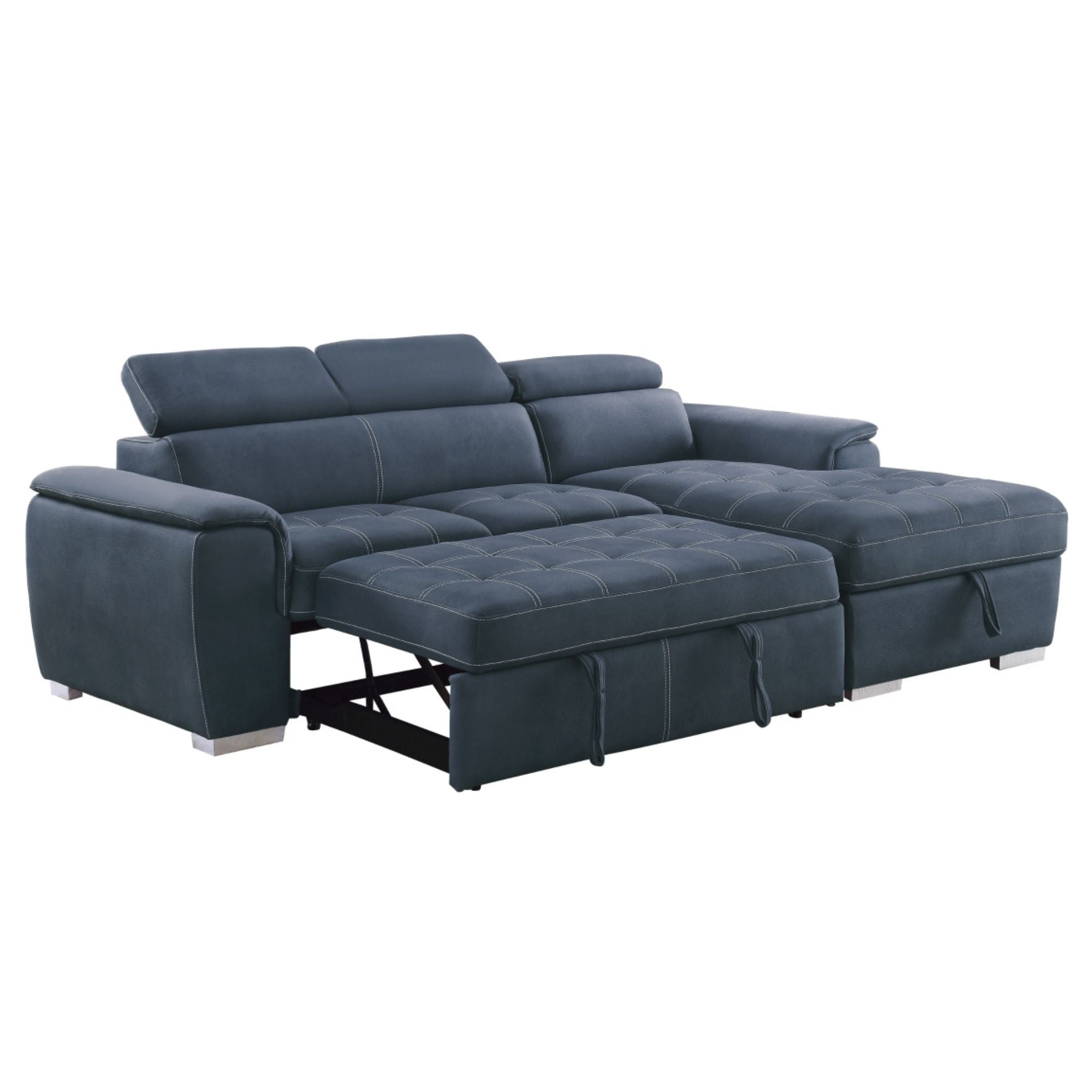 MAZ Ferriday RHF 2-piece sectional sleeper in blue, showing the comfortable sofa with a fold-out bed and modern design.