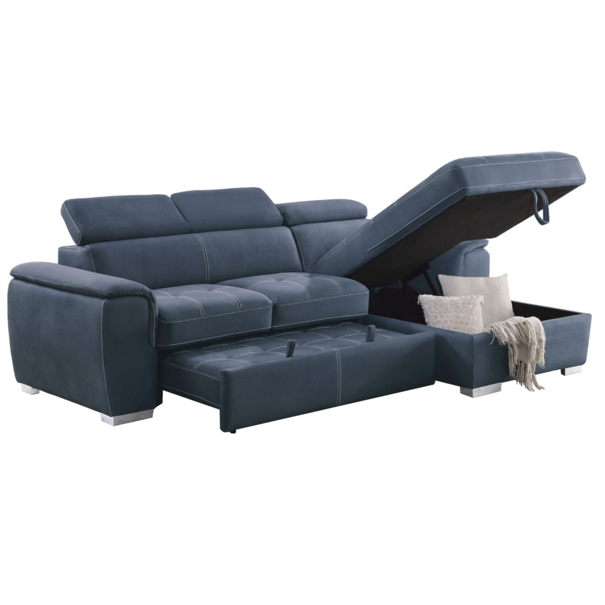 Blue Ferriday RHF 2-piece sectional sleeper sofa by MAZ, featuring a comfortable seating arrangement and a fold-out bed.