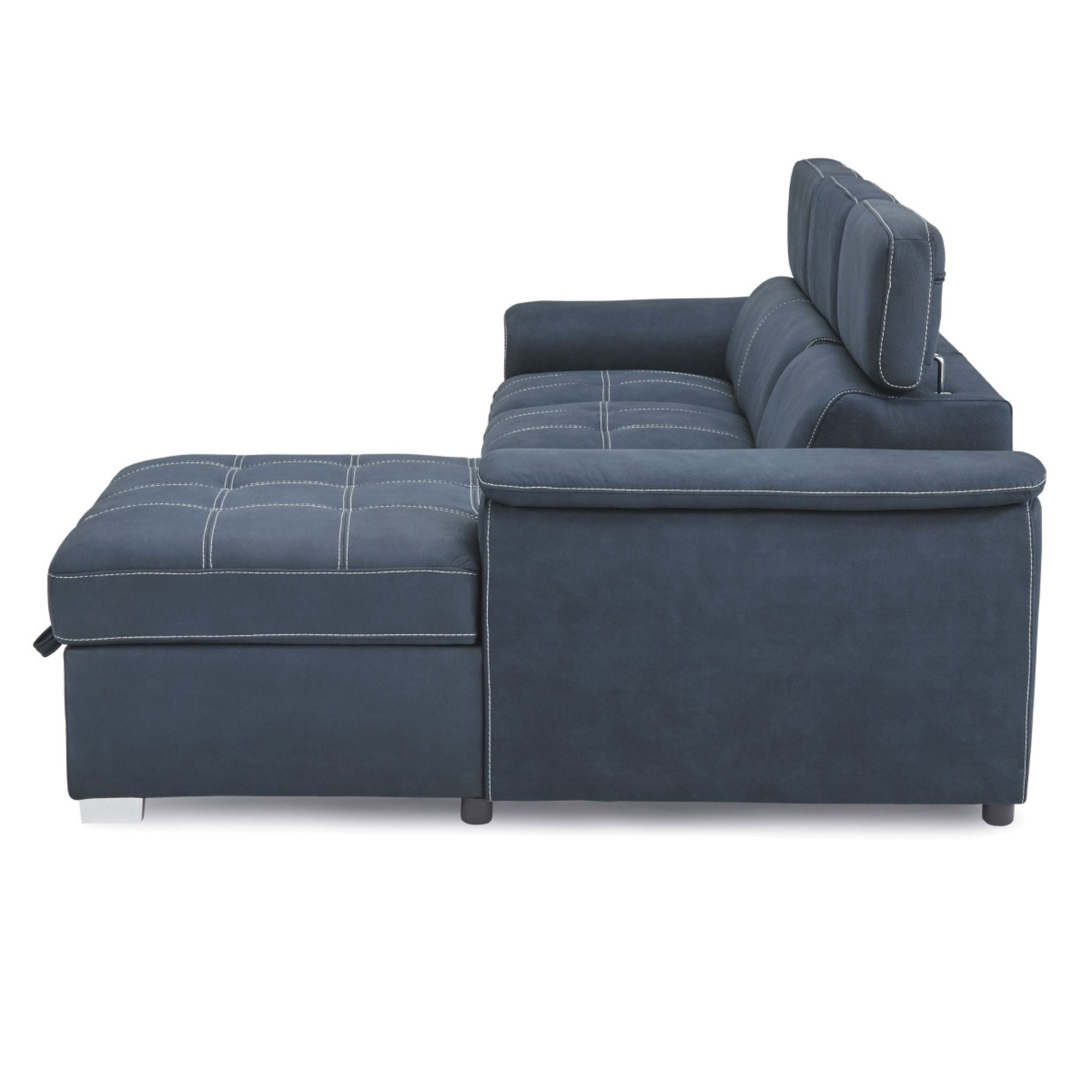 Blue Ferriday RHF 2-piece sectional sleeper sofa by MAZ, showing the plush fabric and modern design in a living room setting.