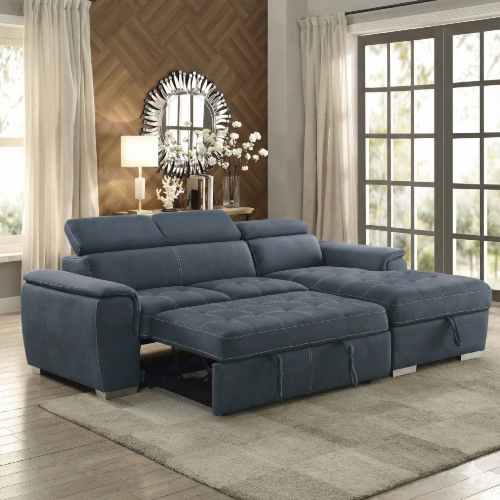 MAZ Ferriday RHF 2-piece sectional sleeper in vibrant blue fabric, showing plush cushions and modern design.