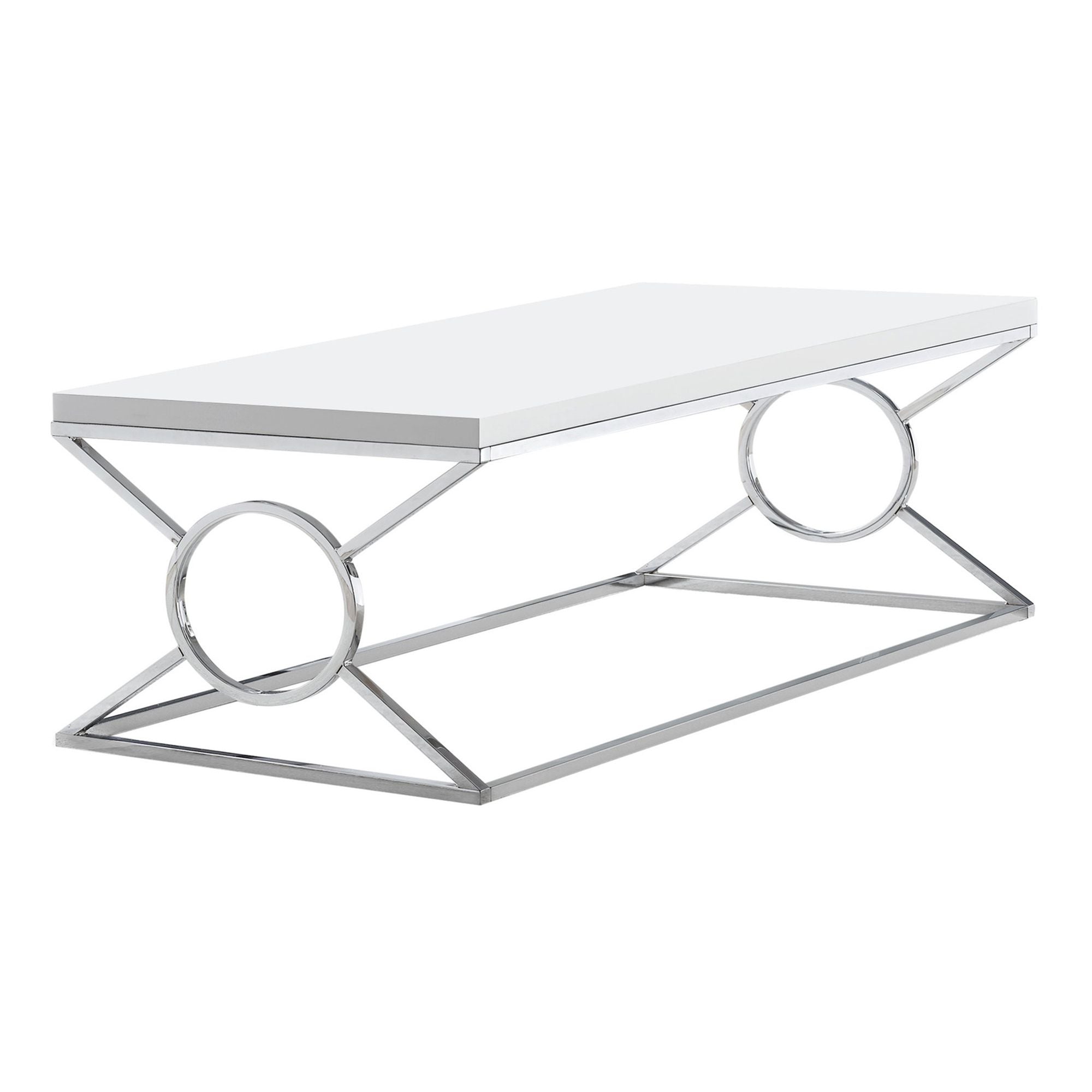 Modern Flux coffee table by Monarch Specialties featuring a sleek wooden top and metal legs, ideal for contemporary living rooms.