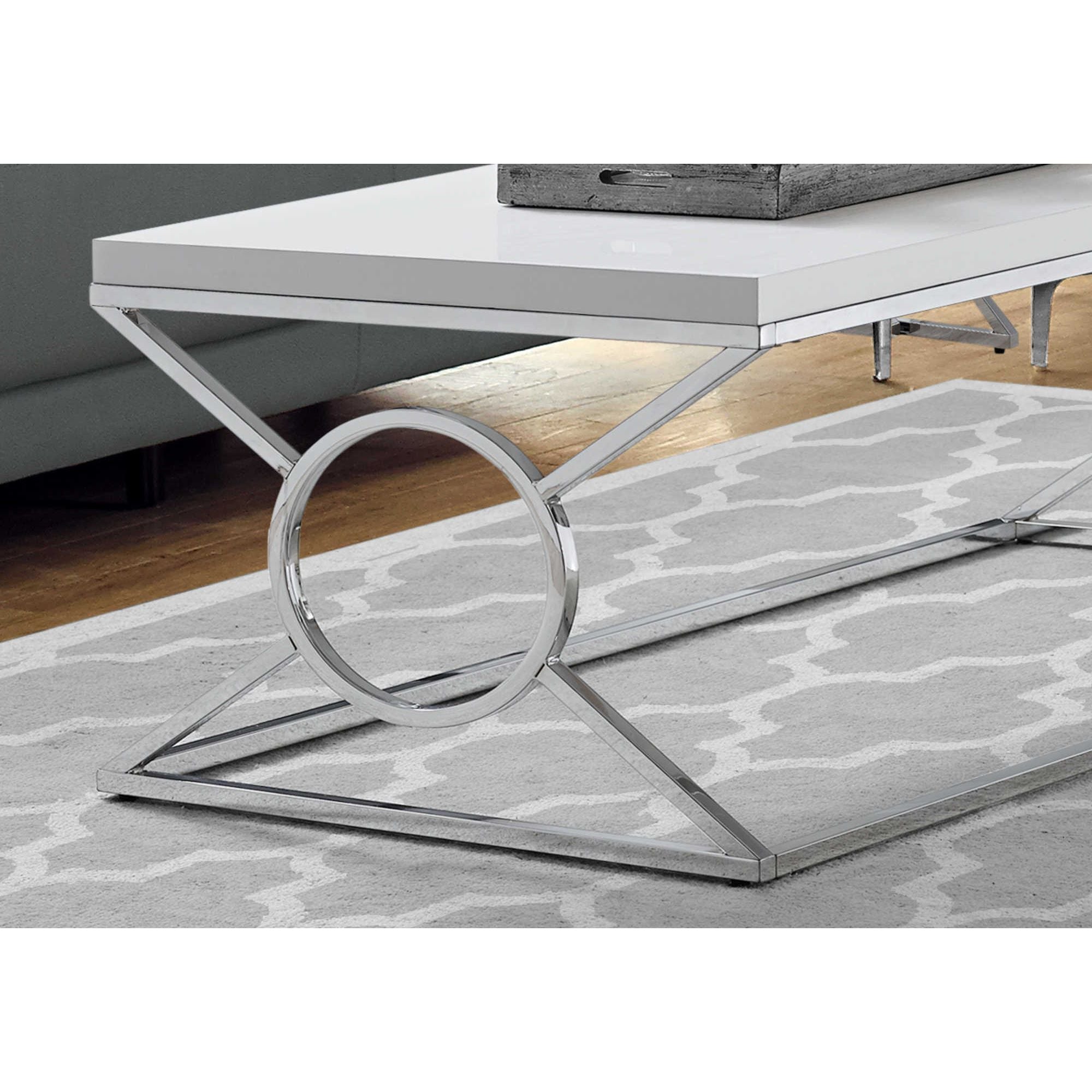 Modern Flux coffee table by Monarch Specialties with a sleek wooden top and metal legs, ideal for contemporary living rooms.