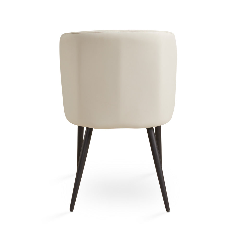 Back view of Ella + Ross Divya dining chair in Aspen taupe PU with black metal legs, showcasing its modern design and sturdy construction.