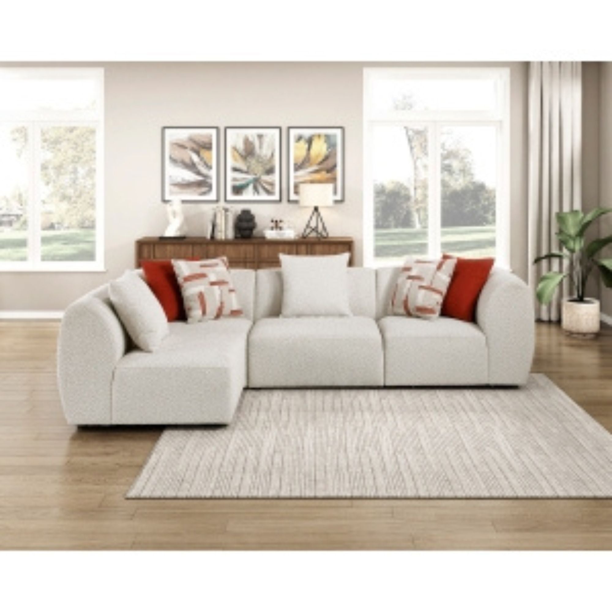 MAZ Franz 4-piece modular sectional sofa set showing plush fabric cushions and contemporary design for versatile living room decor.