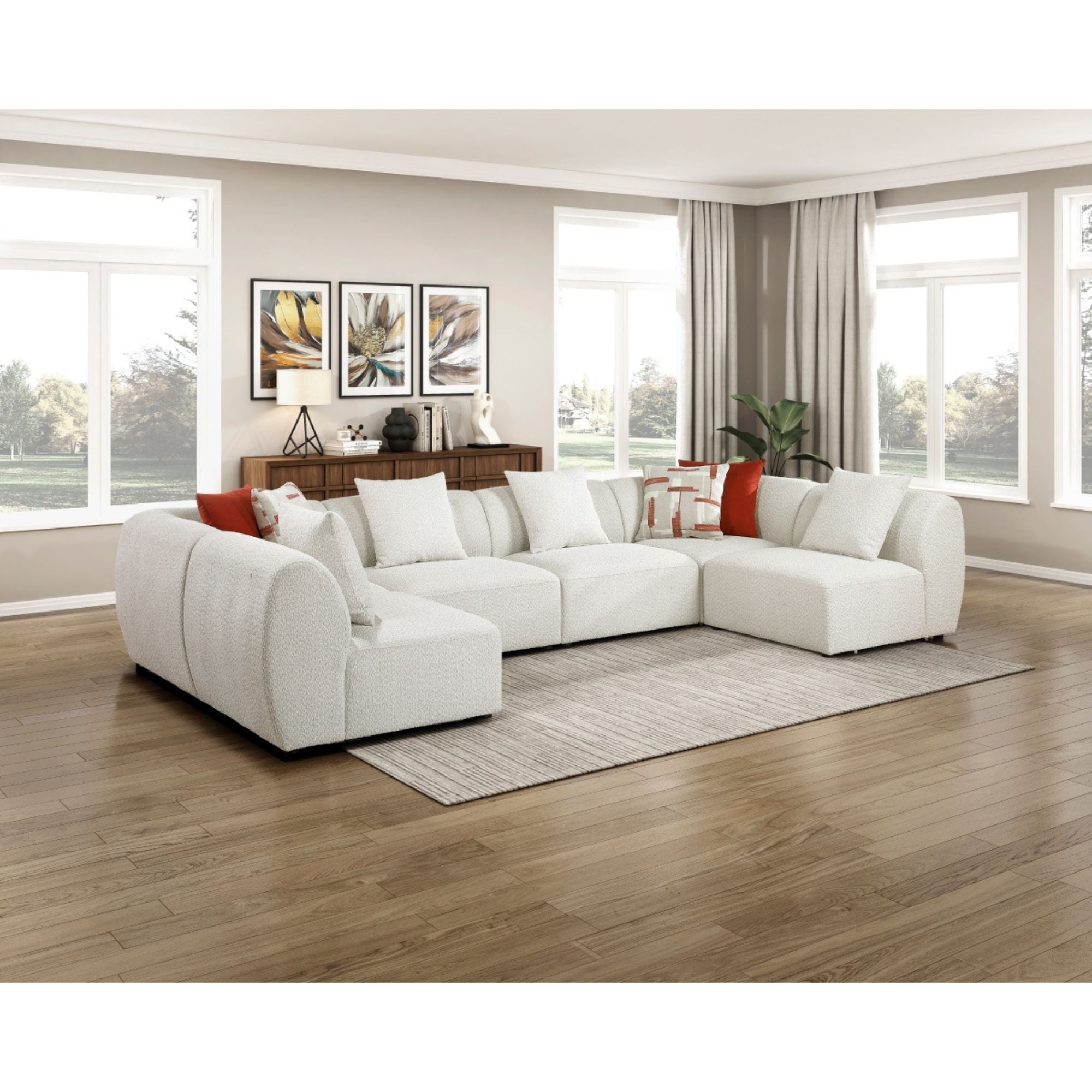 Franz 6-piece modular sectional sofa by MAZ with plush cushions and modern design, arranged in a spacious living room setting.