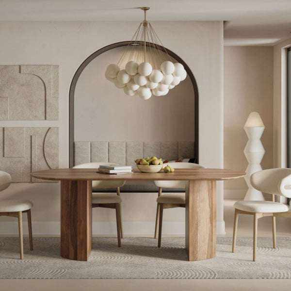 Light brown Fresno wood dining table by Brassex with a sleek rectangular surface and sturdy wooden legs.
