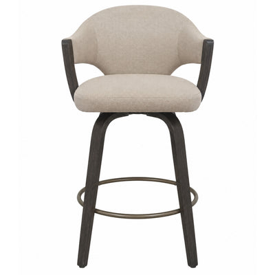 Set of two Freya 26-inch swivel counter stools by Kontract in toffee and walnut with wooden legs and padded seats.
