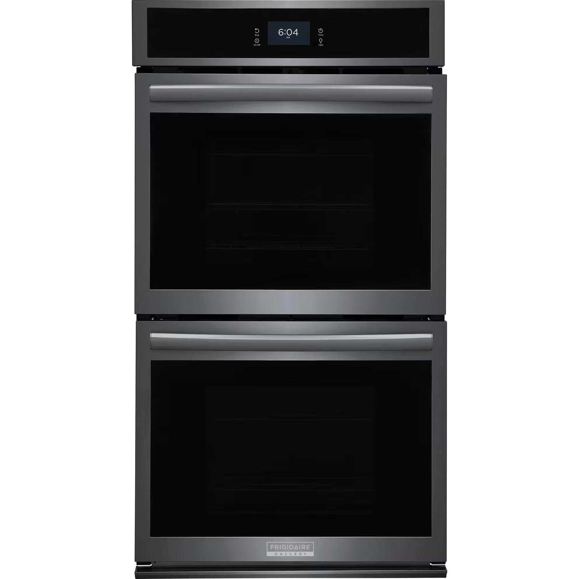 Frigidaire Gallery 27-inch double electric wall oven with black stainless steel finish and total convection cooking.