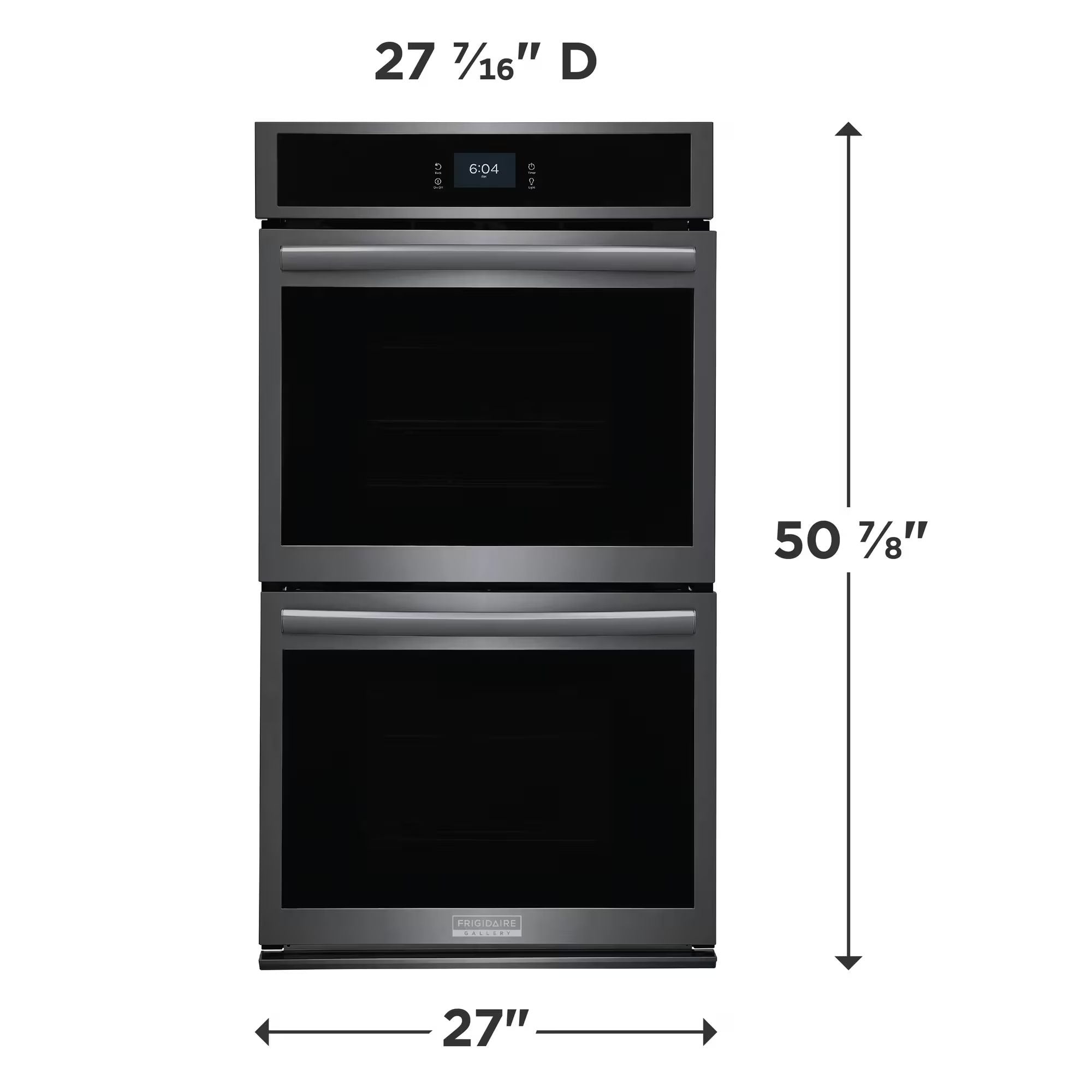 Frigidaire Gallery 27-inch double electric wall oven with black stainless steel finish and total convection cooking.