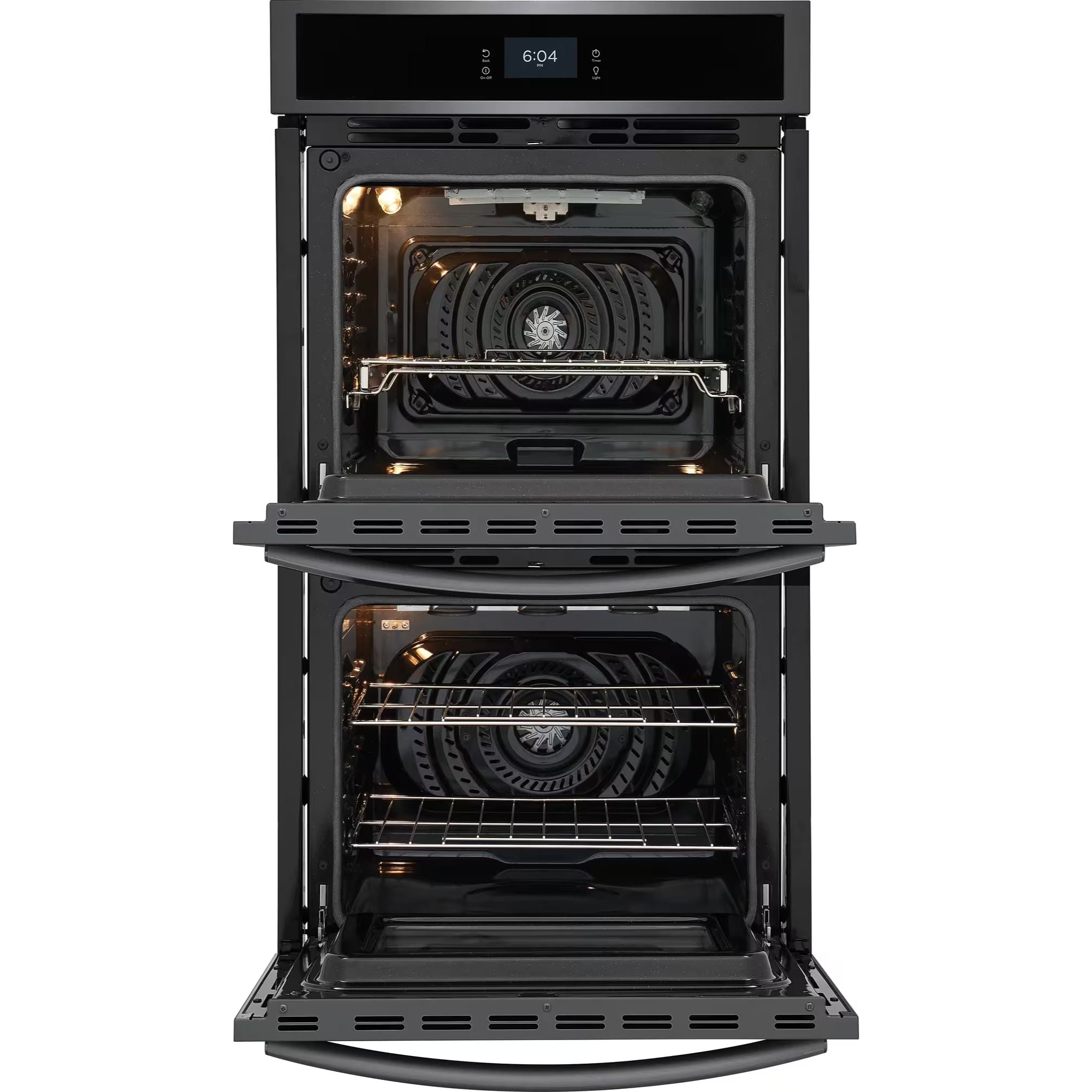 Frigidaire Gallery 27-inch double electric wall oven with black stainless steel finish and total convection cooking.