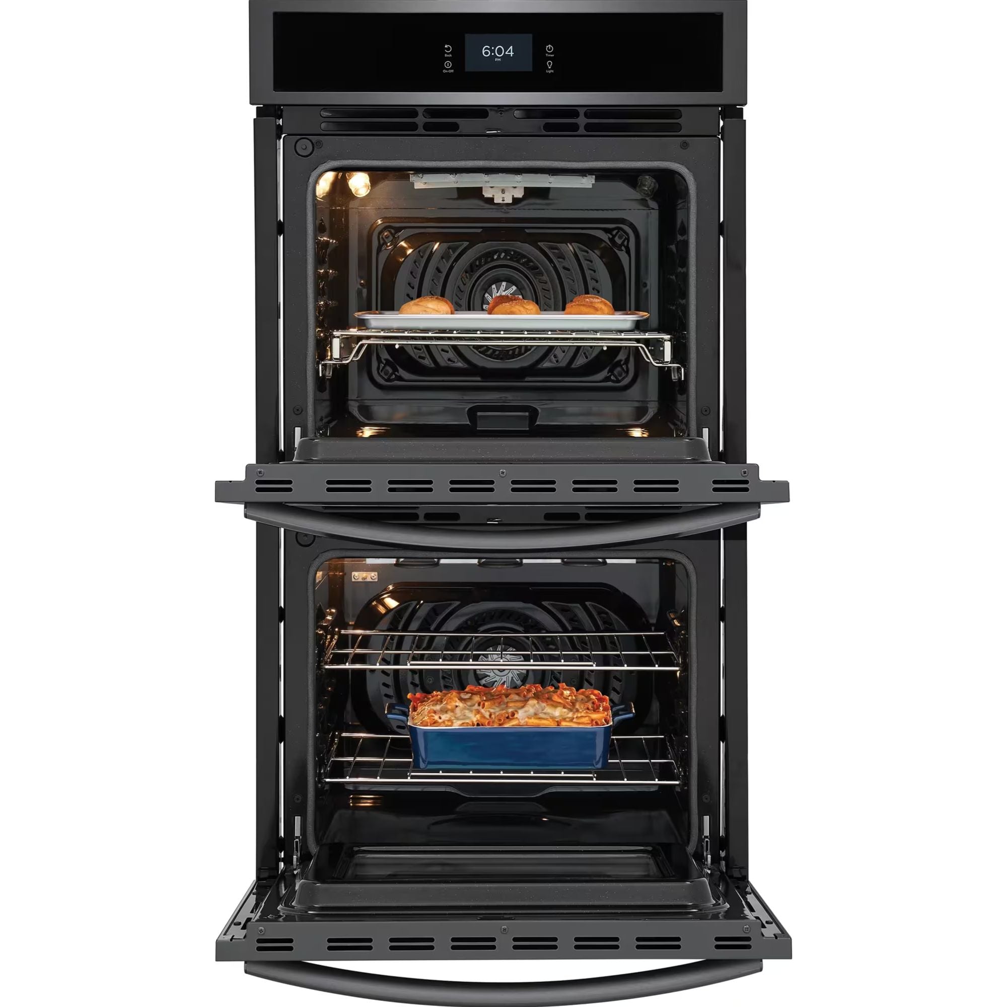Frigidaire Gallery 27-inch double electric wall oven with black stainless steel finish and total convection cooking.
