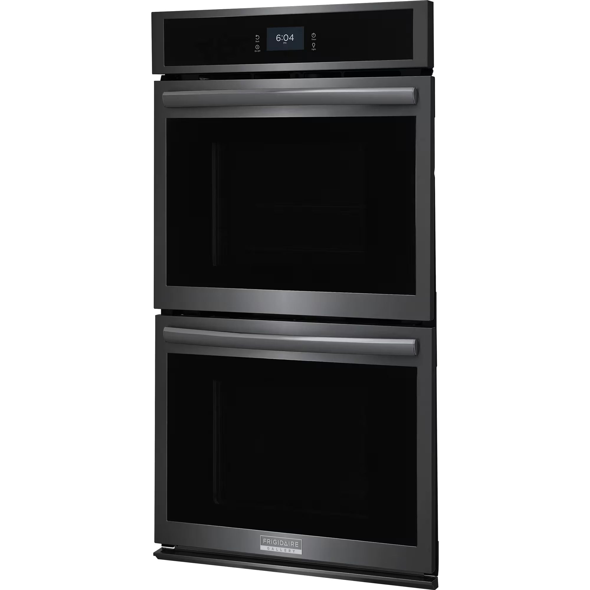 Frigidaire Gallery 27-inch double electric wall oven with total convection in black stainless steel, showing the oven interior and control panel.