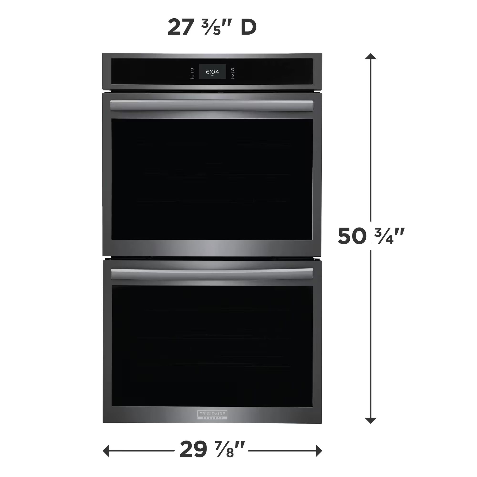 Frigidaire Gallery 30-inch double electric wall oven in black stainless steel with convection cooking, sleek kitchen appliance design