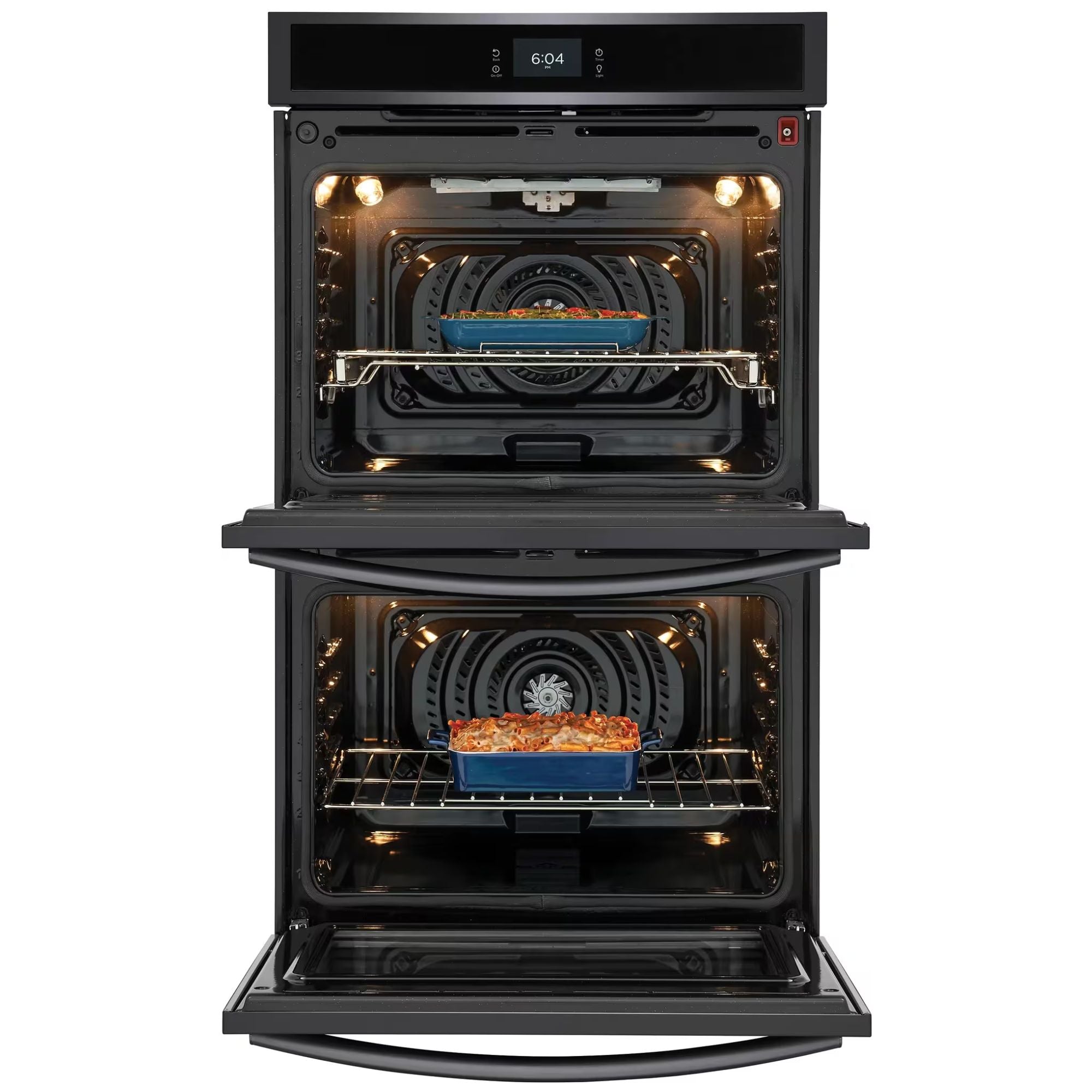 Frigidaire Gallery 30-inch double electric wall oven in black stainless steel with convection cooking technology.