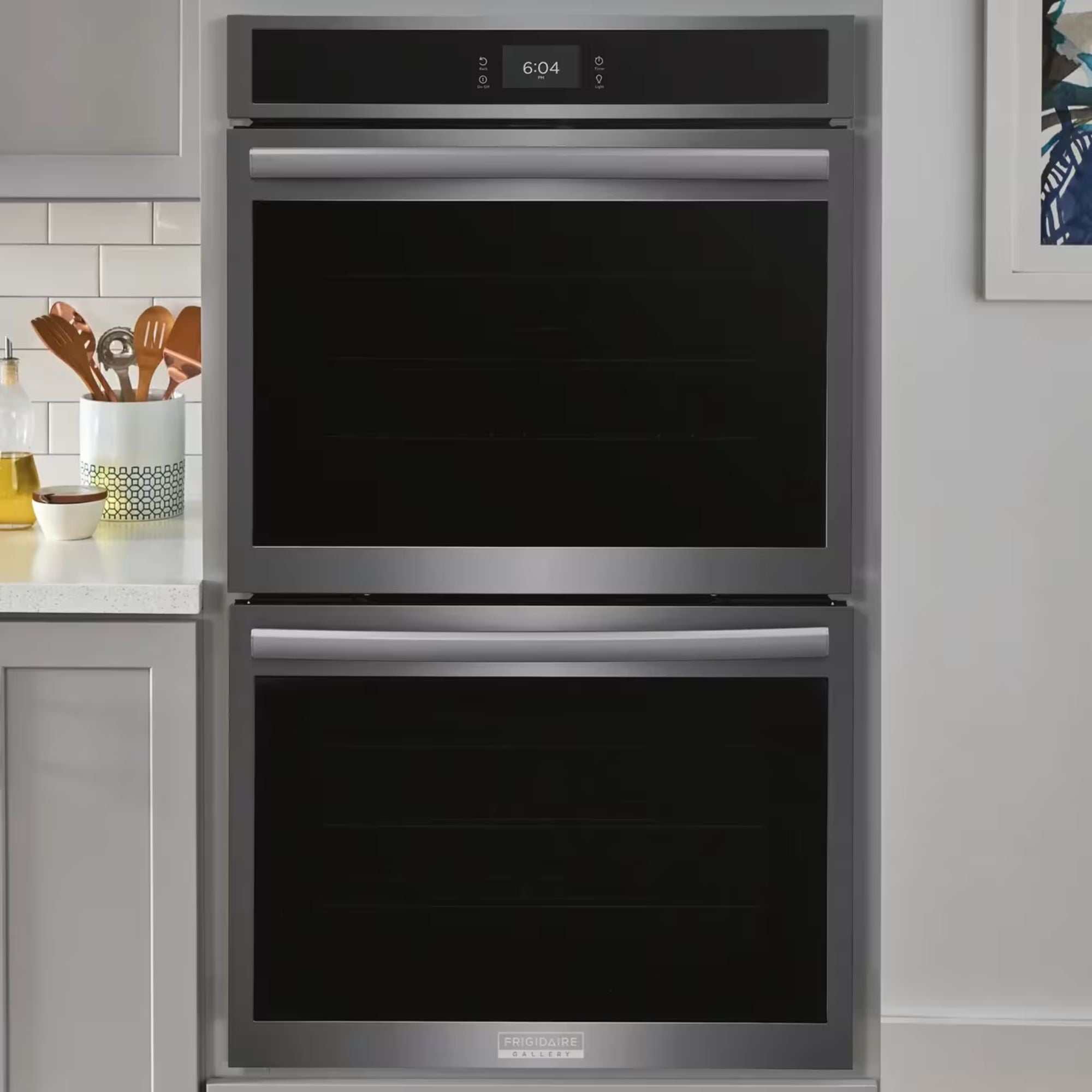 Frigidaire Gallery 30-inch double electric wall oven with black stainless steel finish and total convection cooking.
