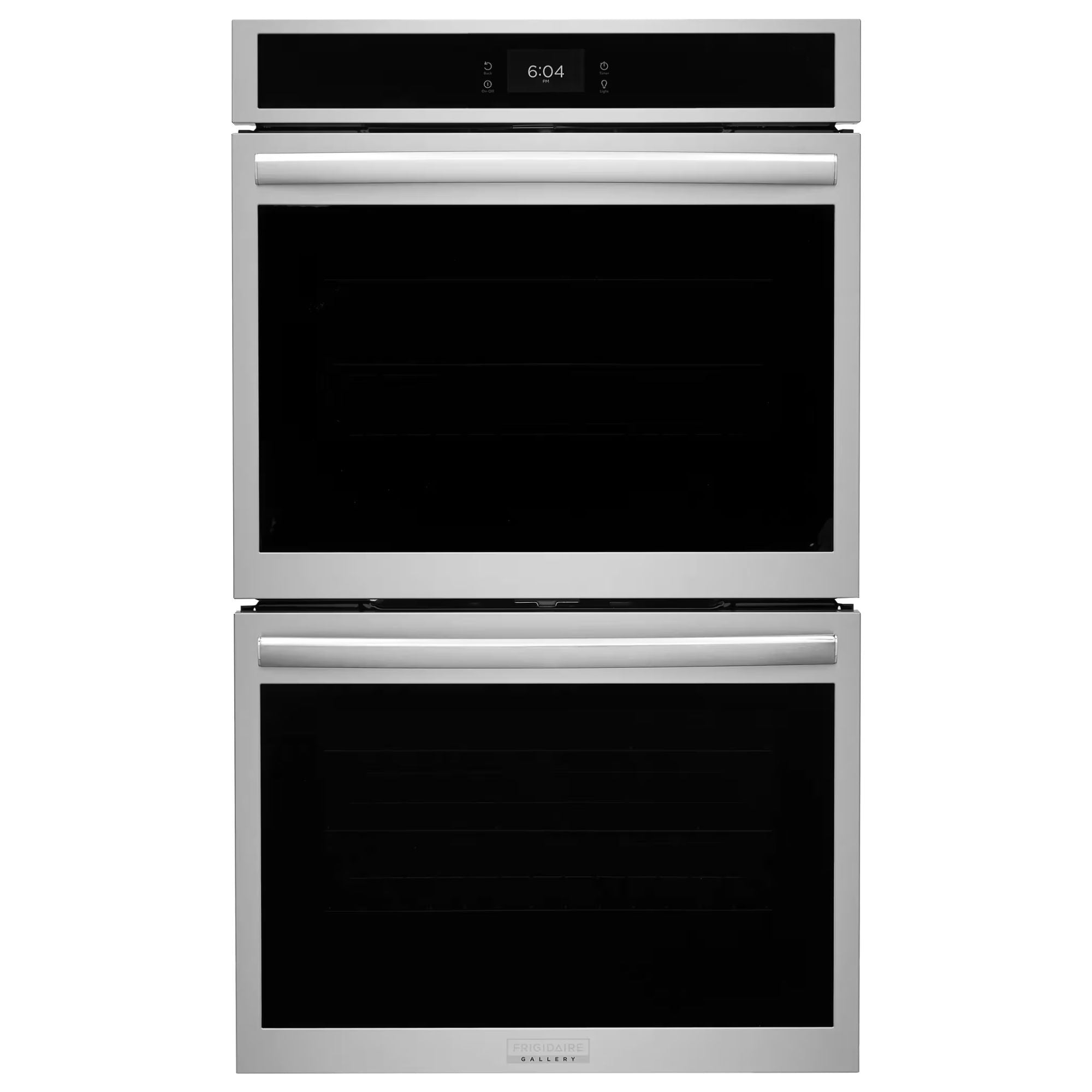 Frigidaire Gallery GCWD3070AF 30-inch double electric wall oven with stainless steel finish and stone-baked pizza feature.