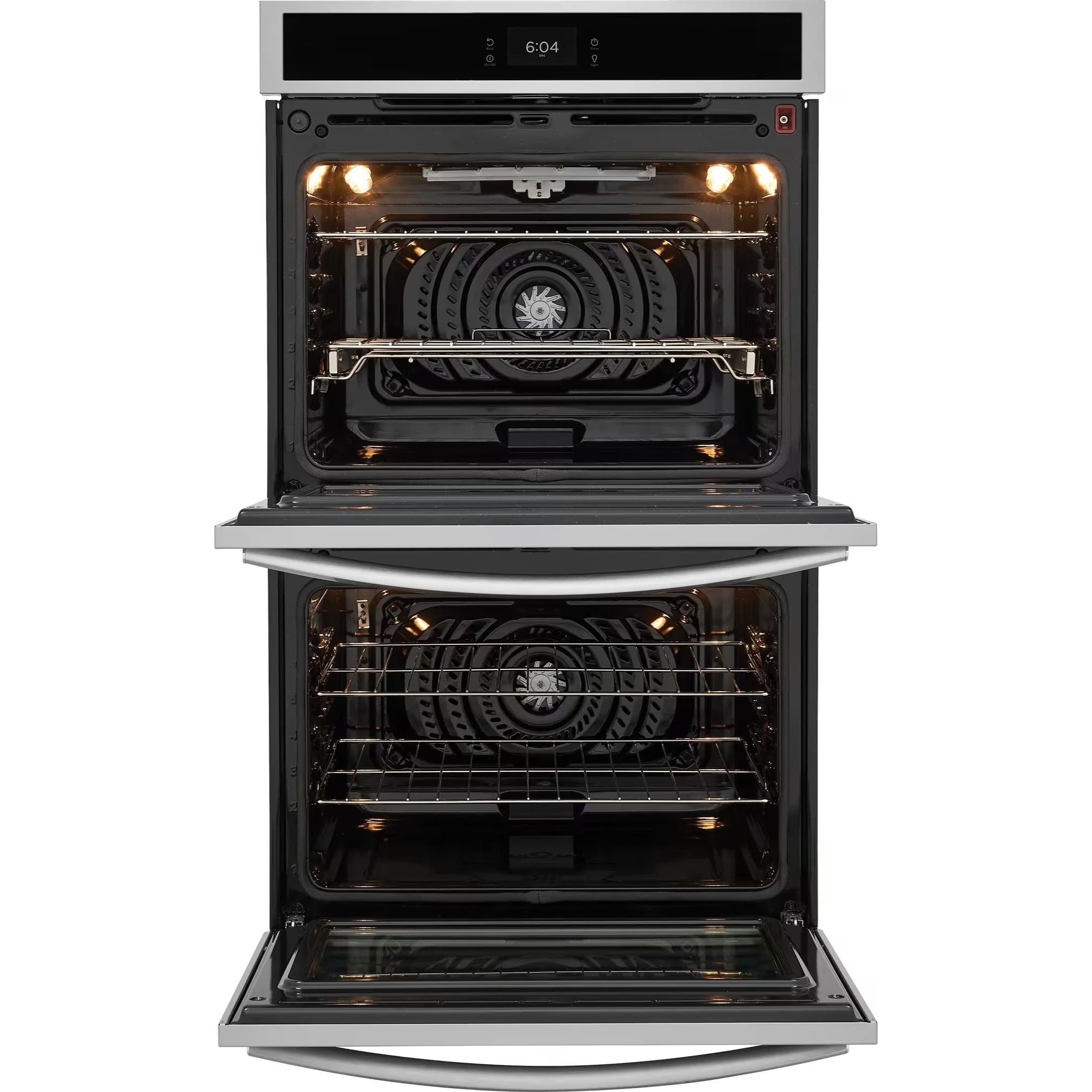 Frigidaire Gallery GCWD3070AF 30-inch double electric wall oven with stainless steel finish and stone-baked pizza feature.