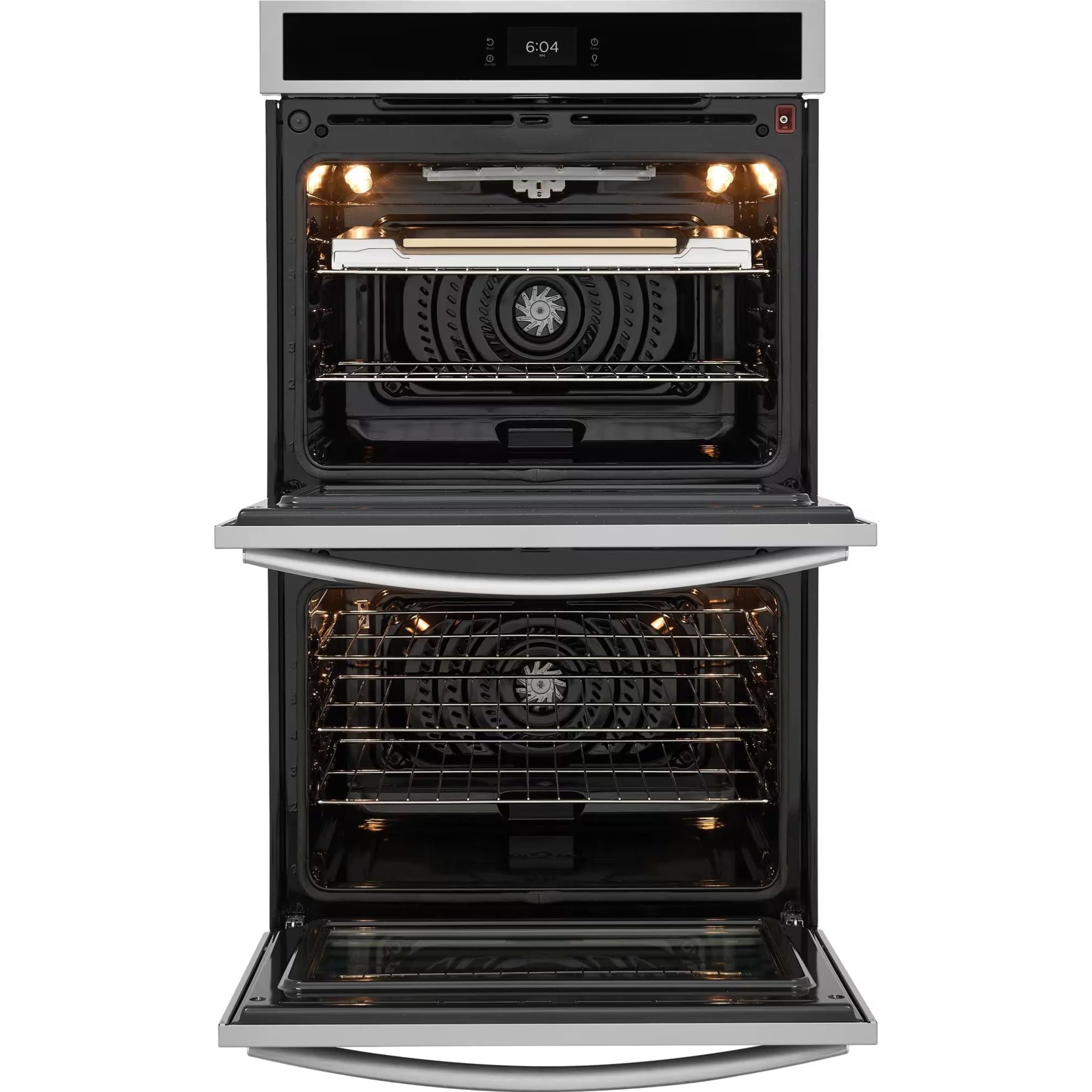 Frigidaire Gallery 30-inch double electric wall oven with stainless steel finish, featuring a stone-baked pizza setting.