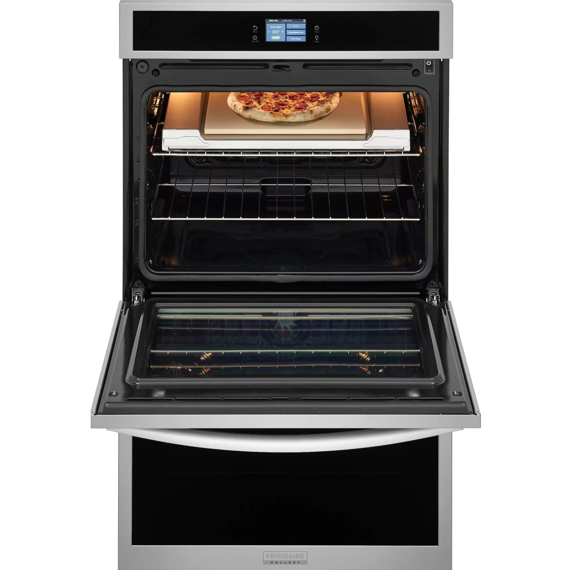 Frigidaire Gallery GCWD3070AF 30-inch double electric wall oven with stainless steel finish and stone-baked pizza feature.