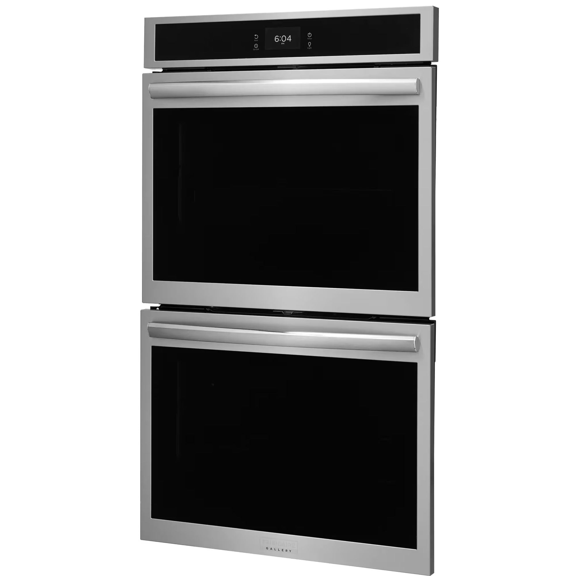 Frigidaire Gallery 30-inch double electric wall oven with stainless steel finish and stone-baked pizza feature, shown with oven door open.