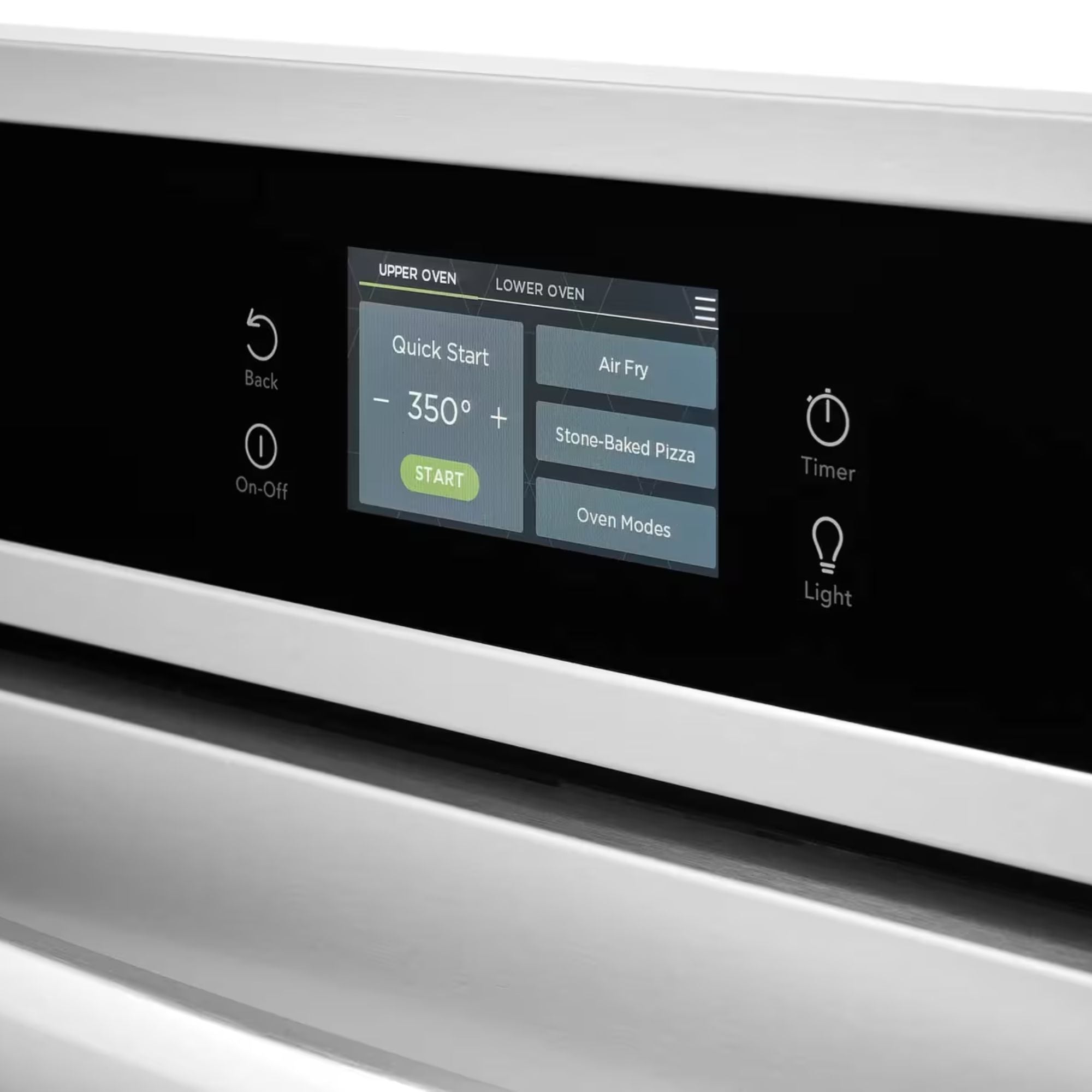 Frigidaire Gallery GCWD3070AF 30-inch double electric wall oven with stainless steel finish and stone-baked pizza feature visible on control panel