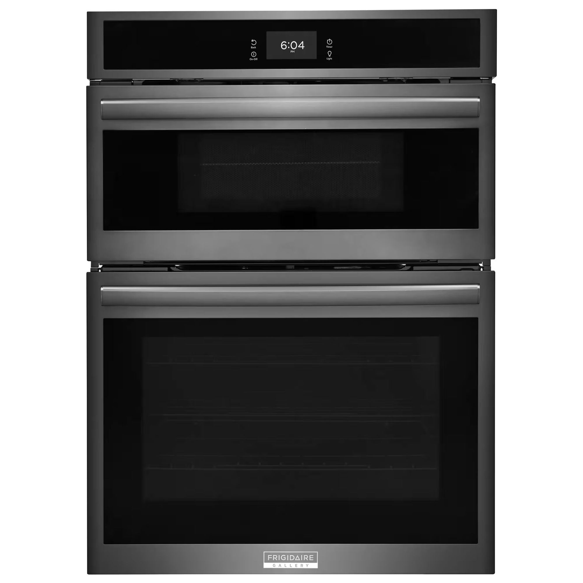 Frigidaire Gallery 30-inch black stainless steel electric wall oven and microwave combination, with digital controls and sleek design.