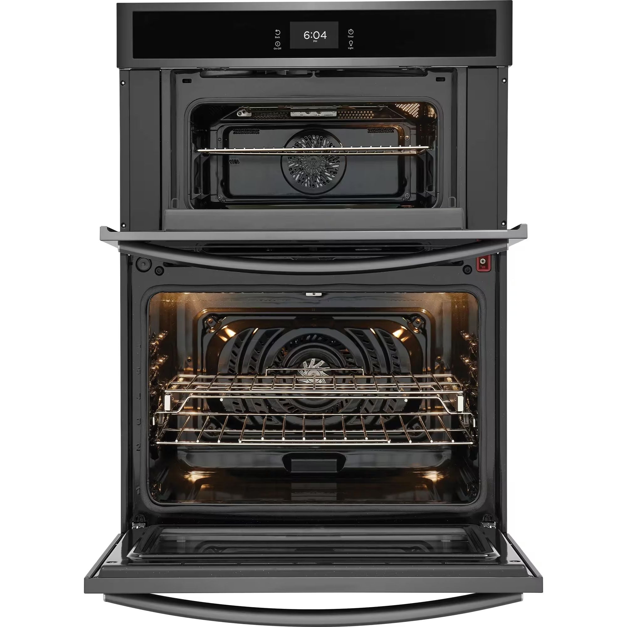 Frigidaire Gallery black stainless steel 30-inch electric wall oven and microwave combination, sleek and modern kitchen appliance.