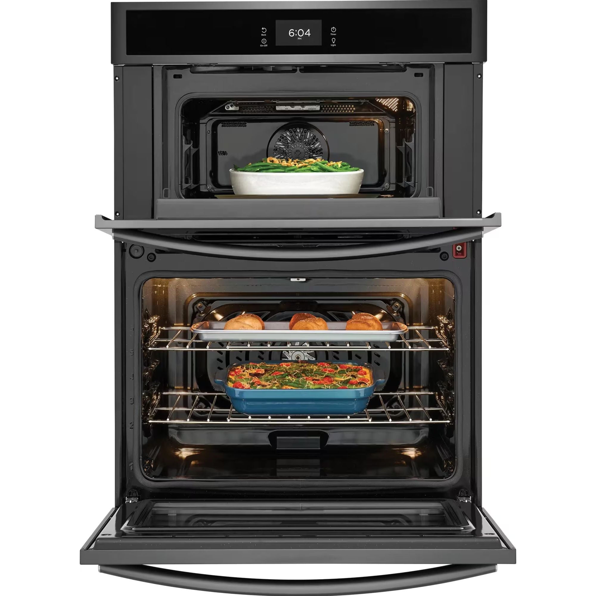 Frigidaire Gallery black stainless steel 30-inch electric wall oven and microwave combo, digital controls and sleek finish.