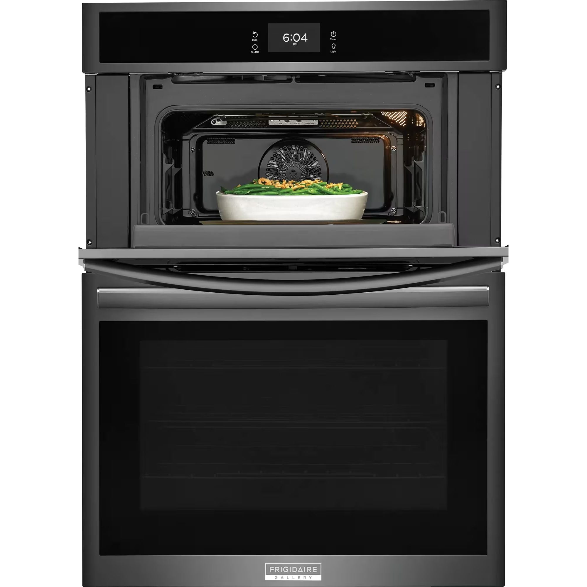 Frigidaire Gallery black stainless steel 30-inch electric wall oven and microwave combination with digital controls and sleek design.