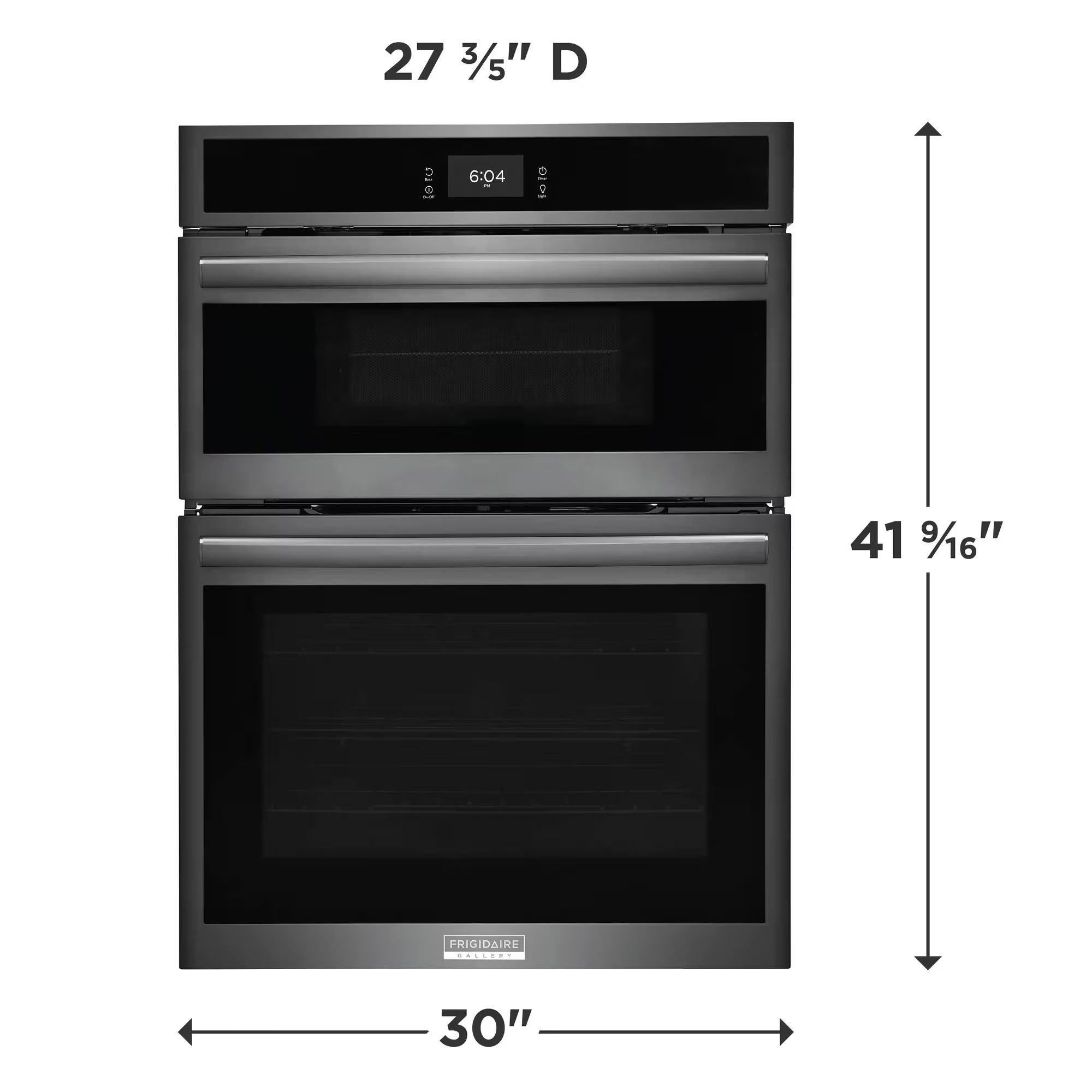 Frigidaire Gallery 30-inch black stainless steel wall oven and microwave combo with digital control panel and modern design.
