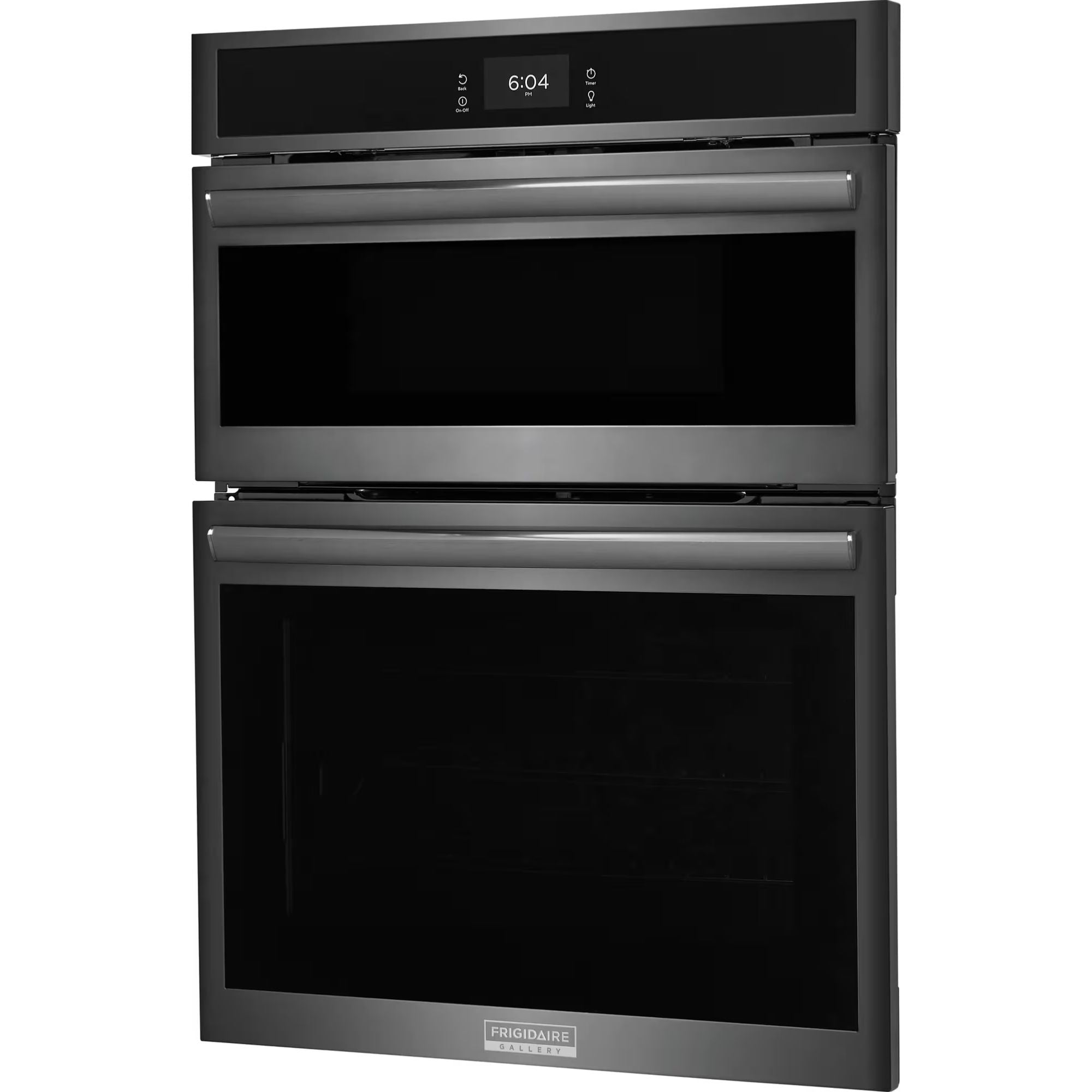 Frigidaire Gallery 30-inch black stainless steel electric wall oven and microwave combination with digital controls.