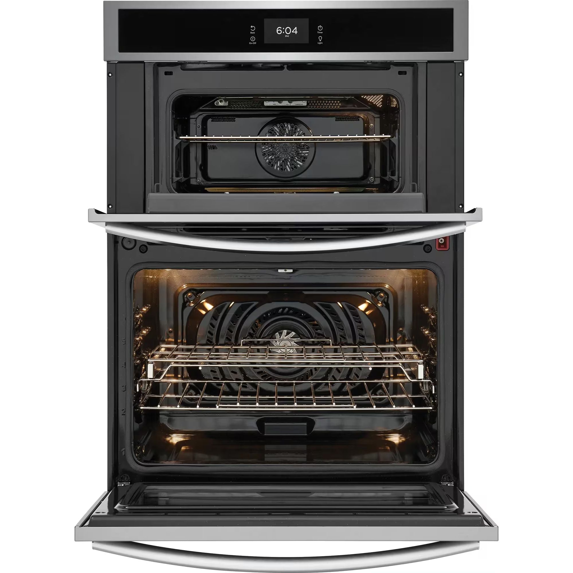 Frigidaire Gallery stainless steel 30-inch electric wall oven and microwave combo with digital display and control panel.