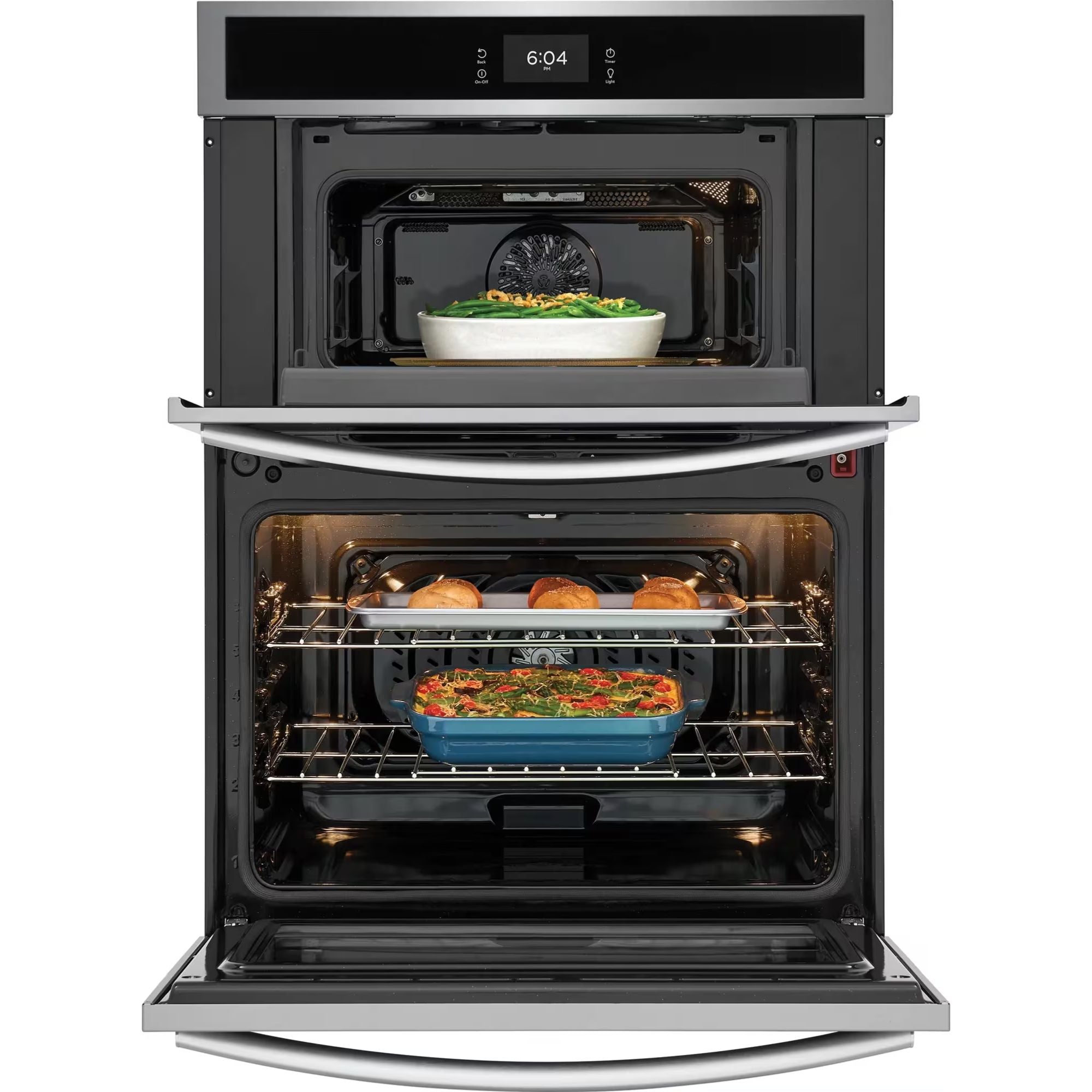 Frigidaire Gallery stainless steel 30-inch wall oven and microwave combination with digital controls and sleek design.