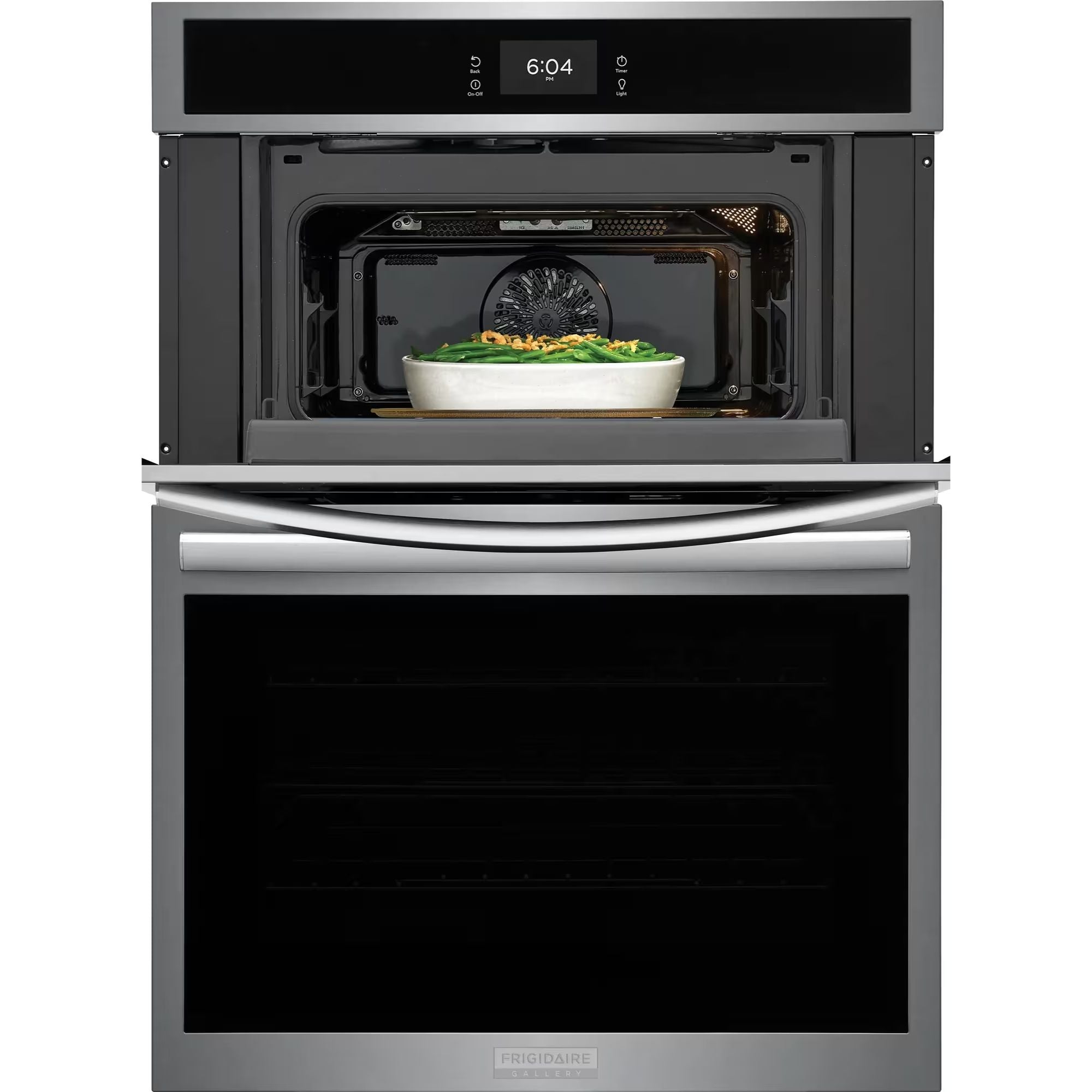 Frigidaire Gallery 30-inch stainless steel wall oven and microwave combo, showing the control panel and sleek design.