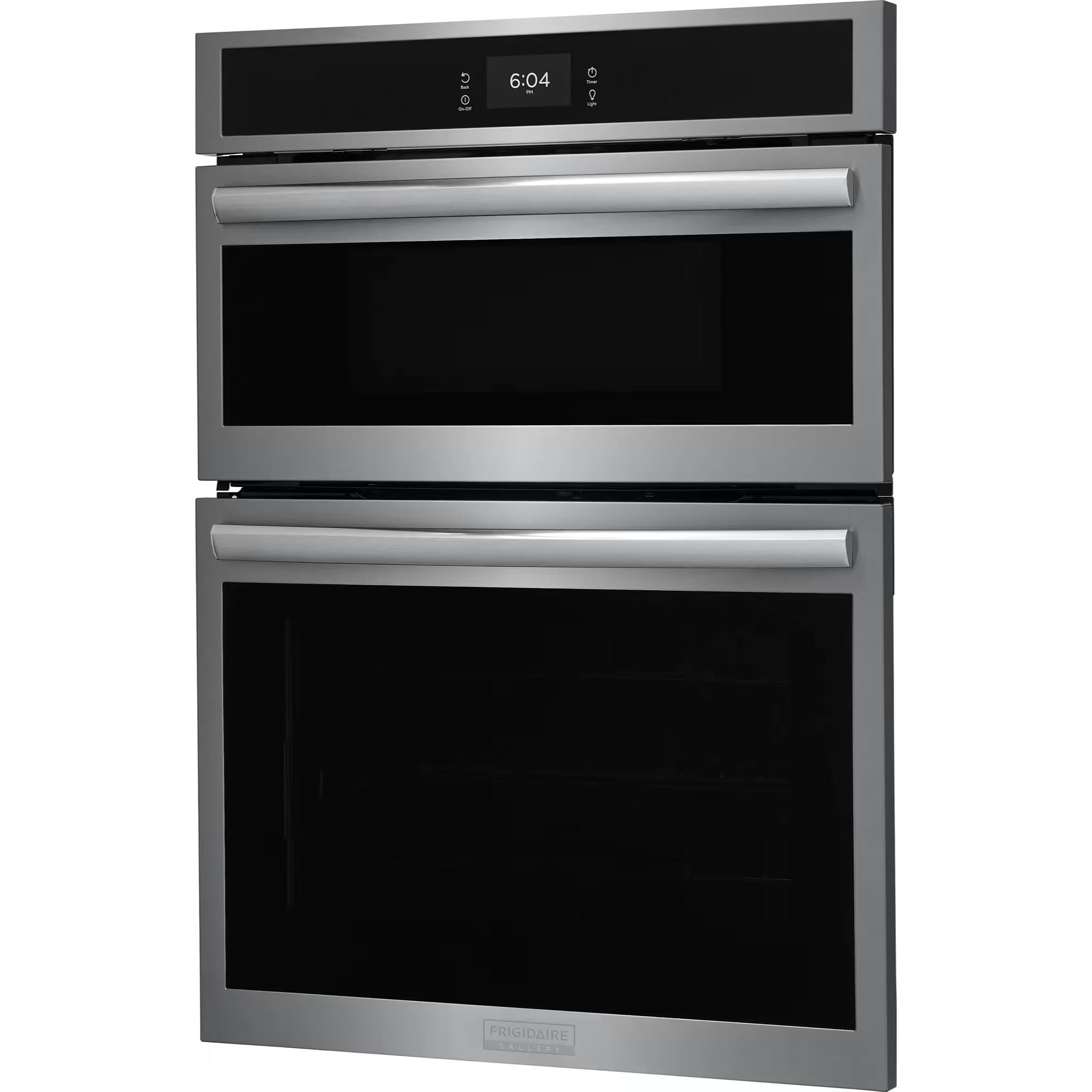 Frigidaire Gallery stainless steel 30-inch electric wall oven and microwave combo, sleek modern kitchen appliance.