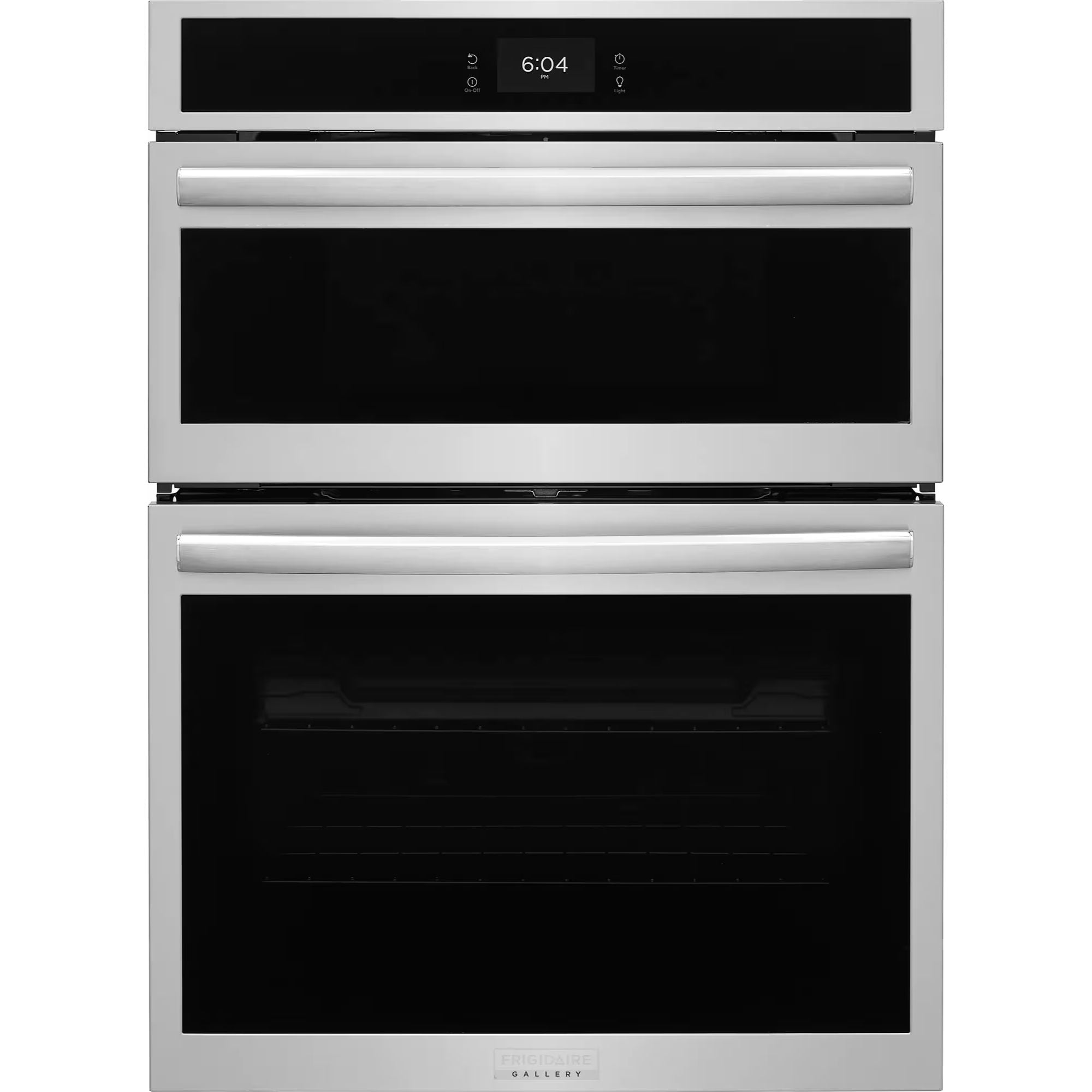 Frigidaire Gallery 30-inch stainless steel wall oven and microwave combination with stone-baked pizza feature, double oven design.