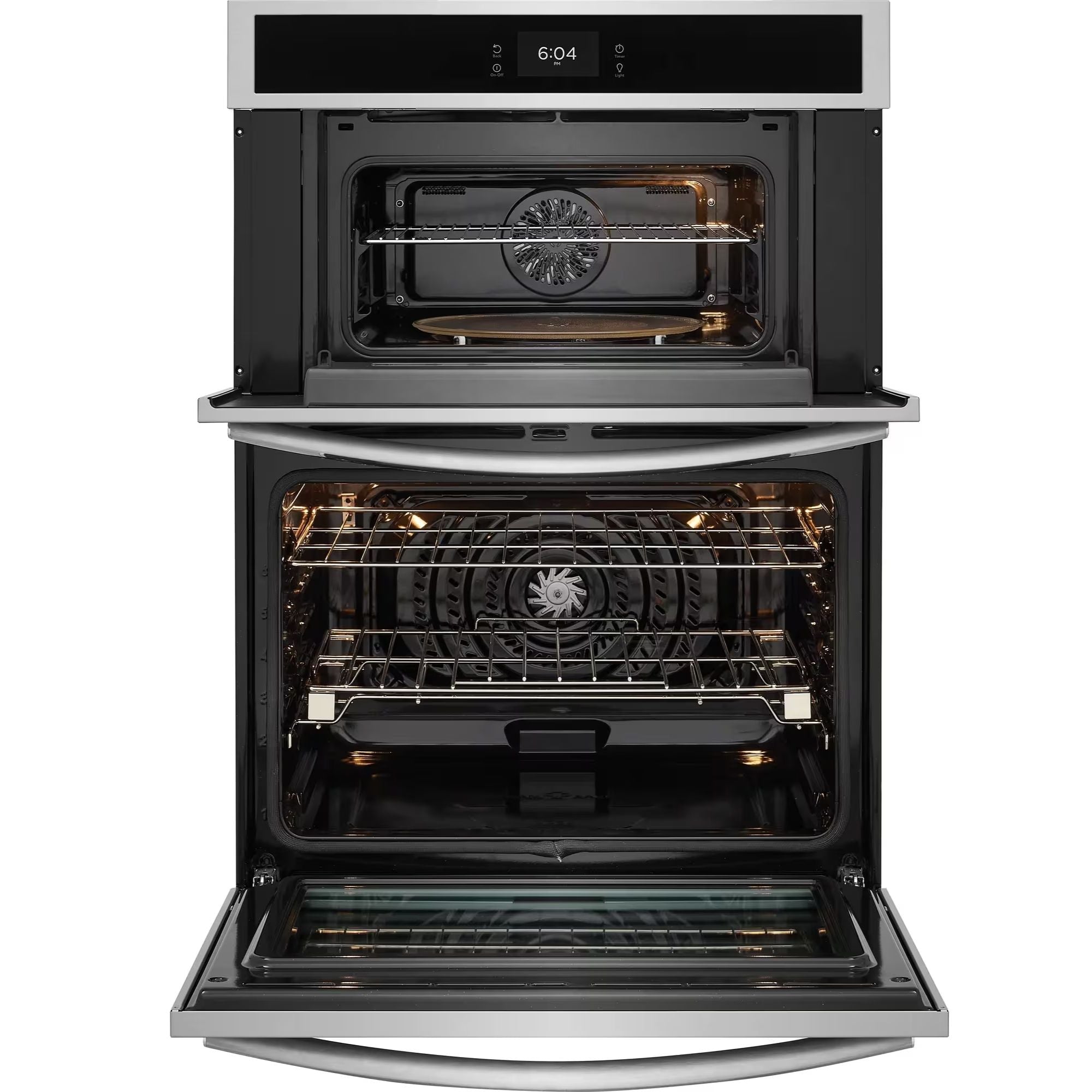 Frigidaire Gallery 30-inch electric wall oven and microwave combo in stainless steel, featuring a stone-baked pizza setting