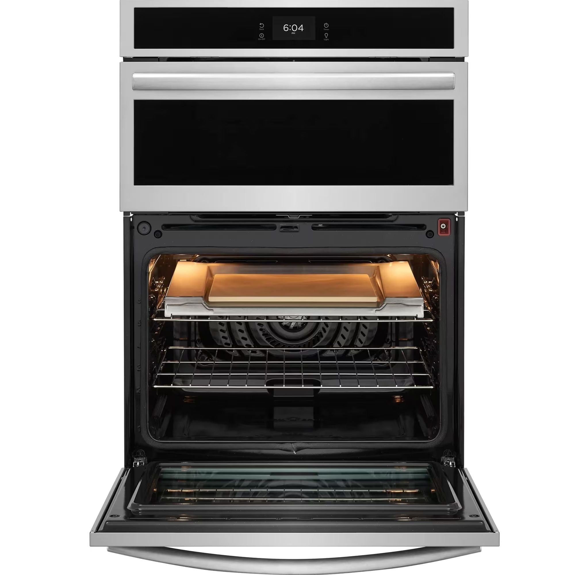 Frigidaire Gallery 30-inch electric wall oven and microwave combo with stainless steel finish and stone-baked pizza feature.