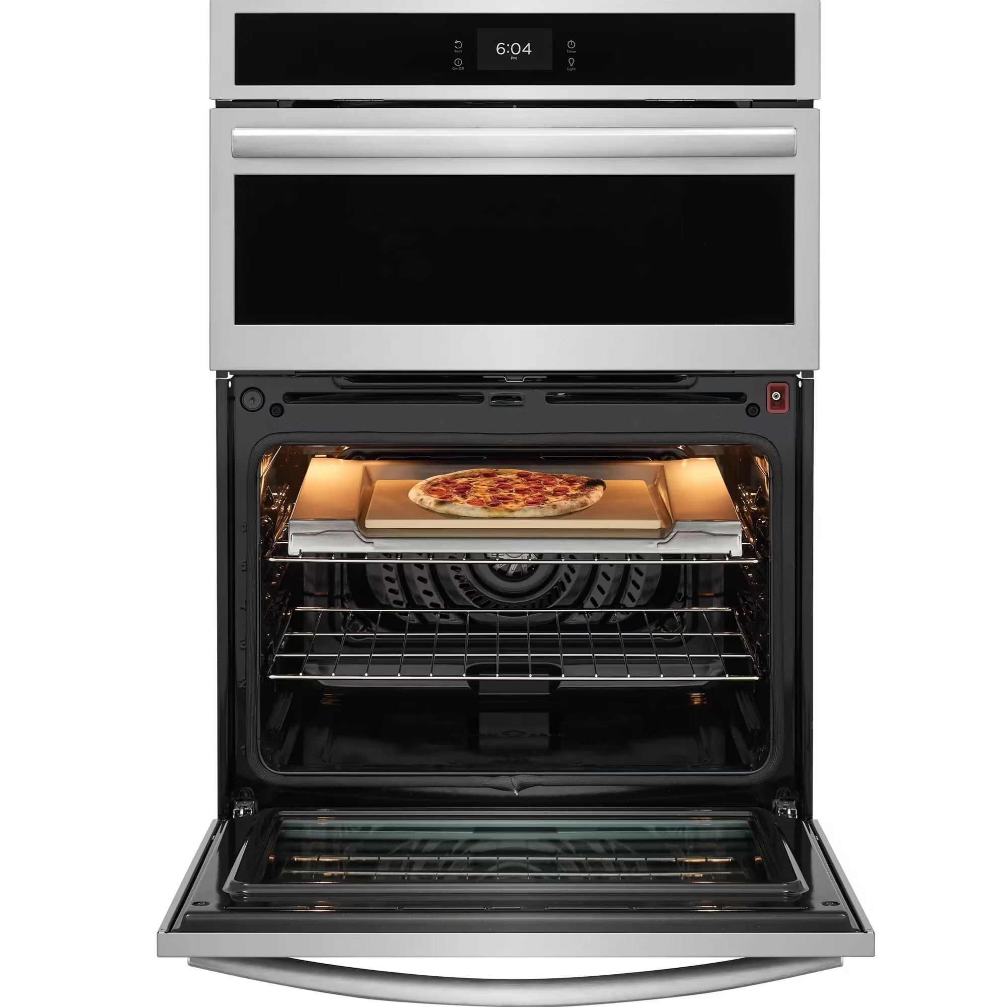 Frigidaire Gallery 30-inch electric wall oven and microwave combo in stainless steel, featuring stone-baked pizza capability.
