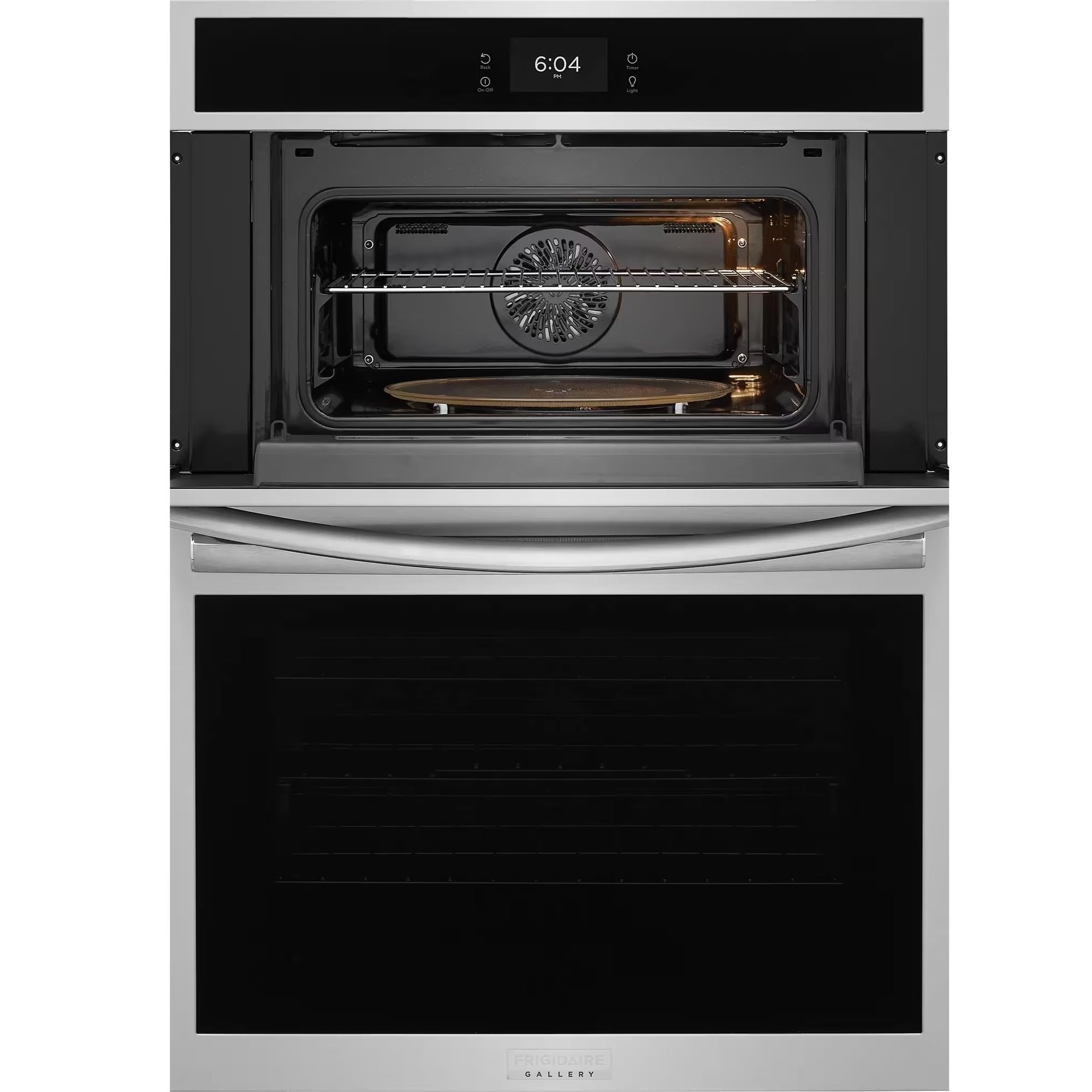 Frigidaire Gallery 30-inch electric wall oven and microwave combo with stainless steel finish, featuring stone-baked pizza capability.