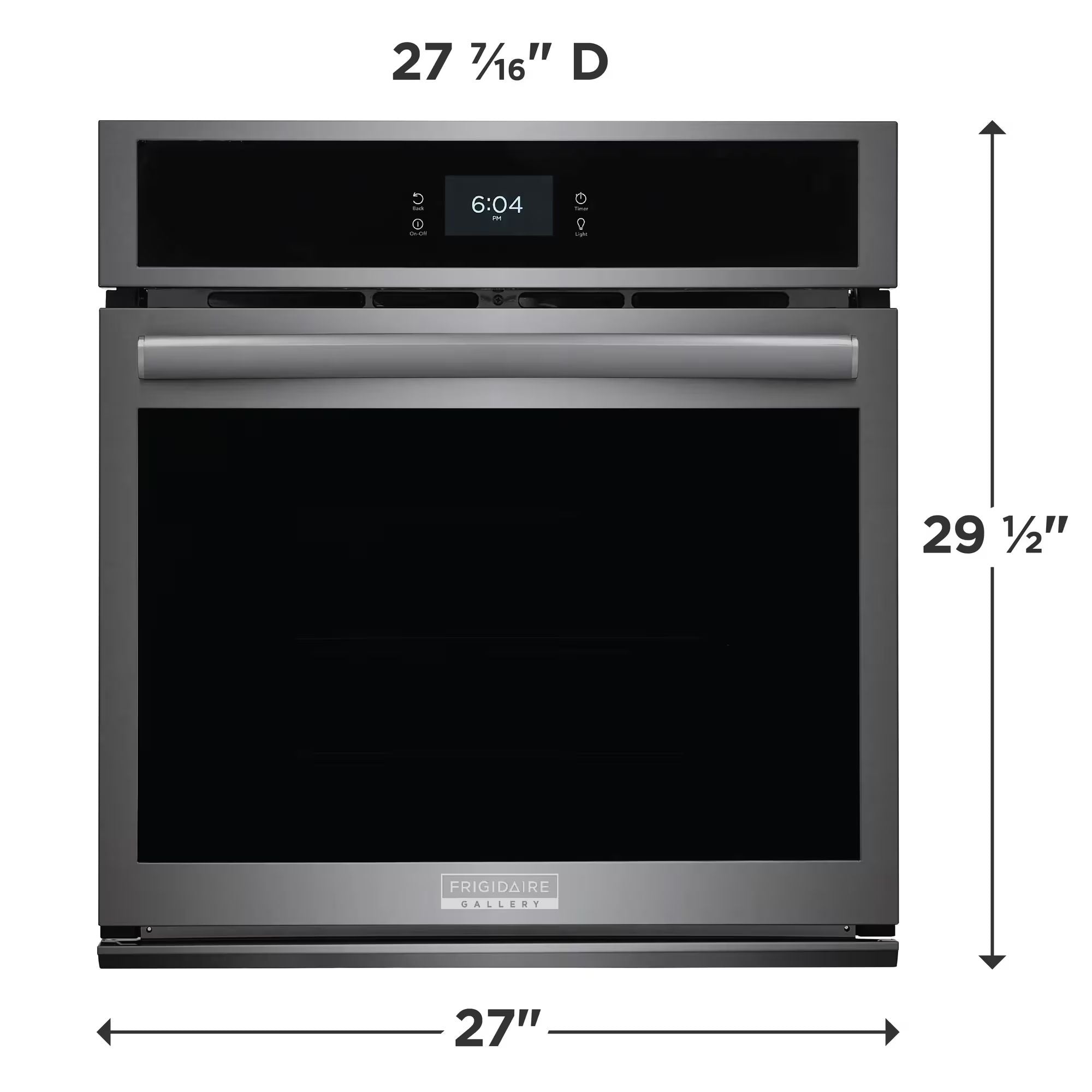 Frigidaire Gallery 27-inch black stainless steel single electric wall oven with total convection cooking, sleek modern design.
