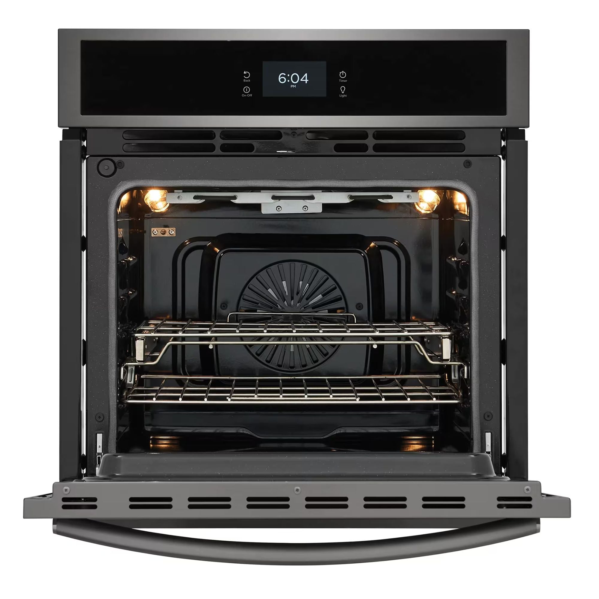 Frigidaire Gallery 27-inch black stainless steel single electric wall oven with total convection baking.